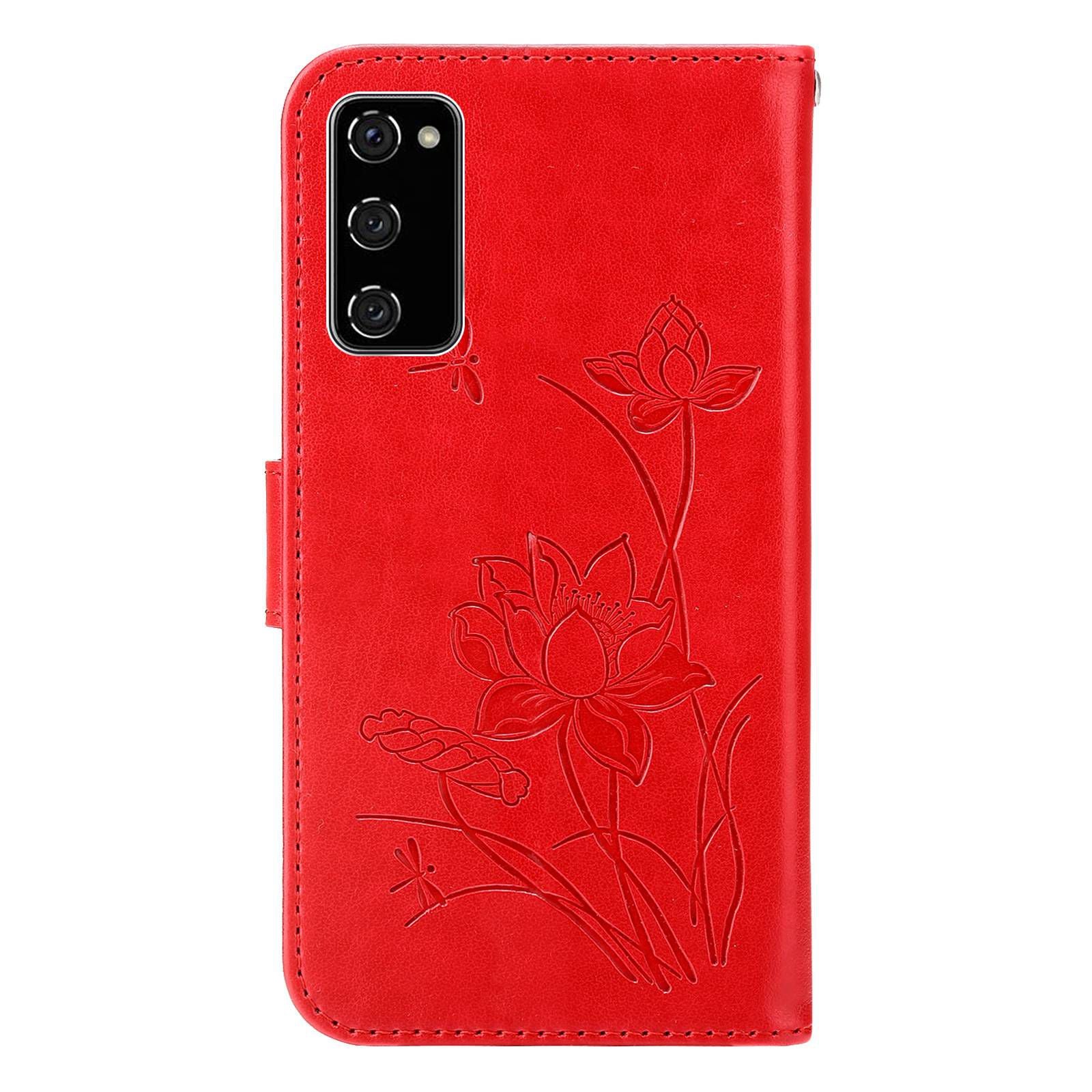 For Samsung Galaxy S20 FE 2022/S20 FE 4G/5G/S20 Lite Dual-layer Protection TPU+PU Leather Imprinted Lotus Pattern Case Anti-scratch Wallet Stand Shell - Red