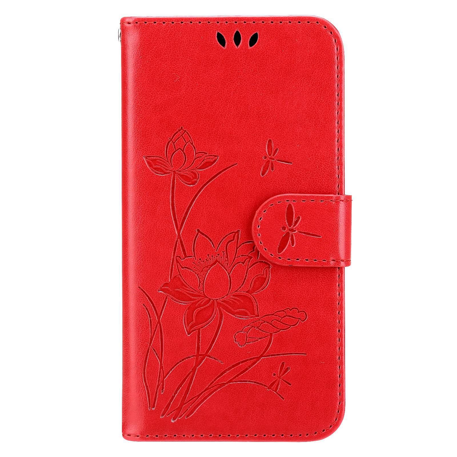 For Samsung Galaxy S20 FE 2022/S20 FE 4G/5G/S20 Lite Dual-layer Protection TPU+PU Leather Imprinted Lotus Pattern Case Anti-scratch Wallet Stand Shell - Red