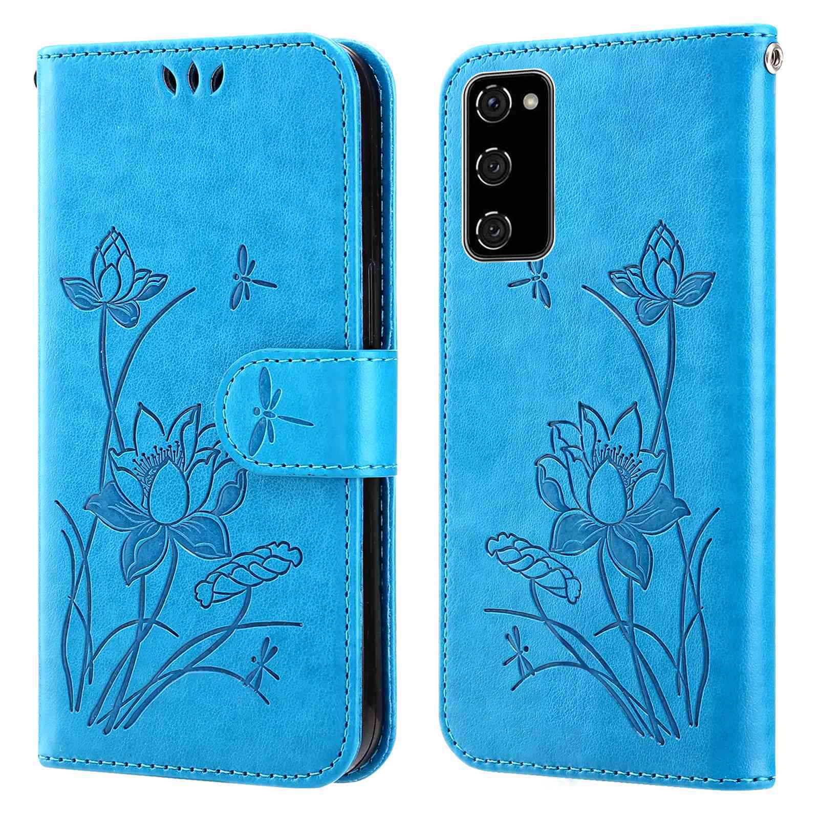 For Samsung Galaxy S20 FE 2022/S20 FE 4G/5G/S20 Lite Dual-layer Protection TPU+PU Leather Imprinted Lotus Pattern Case Anti-scratch Wallet Stand Shell - Blue