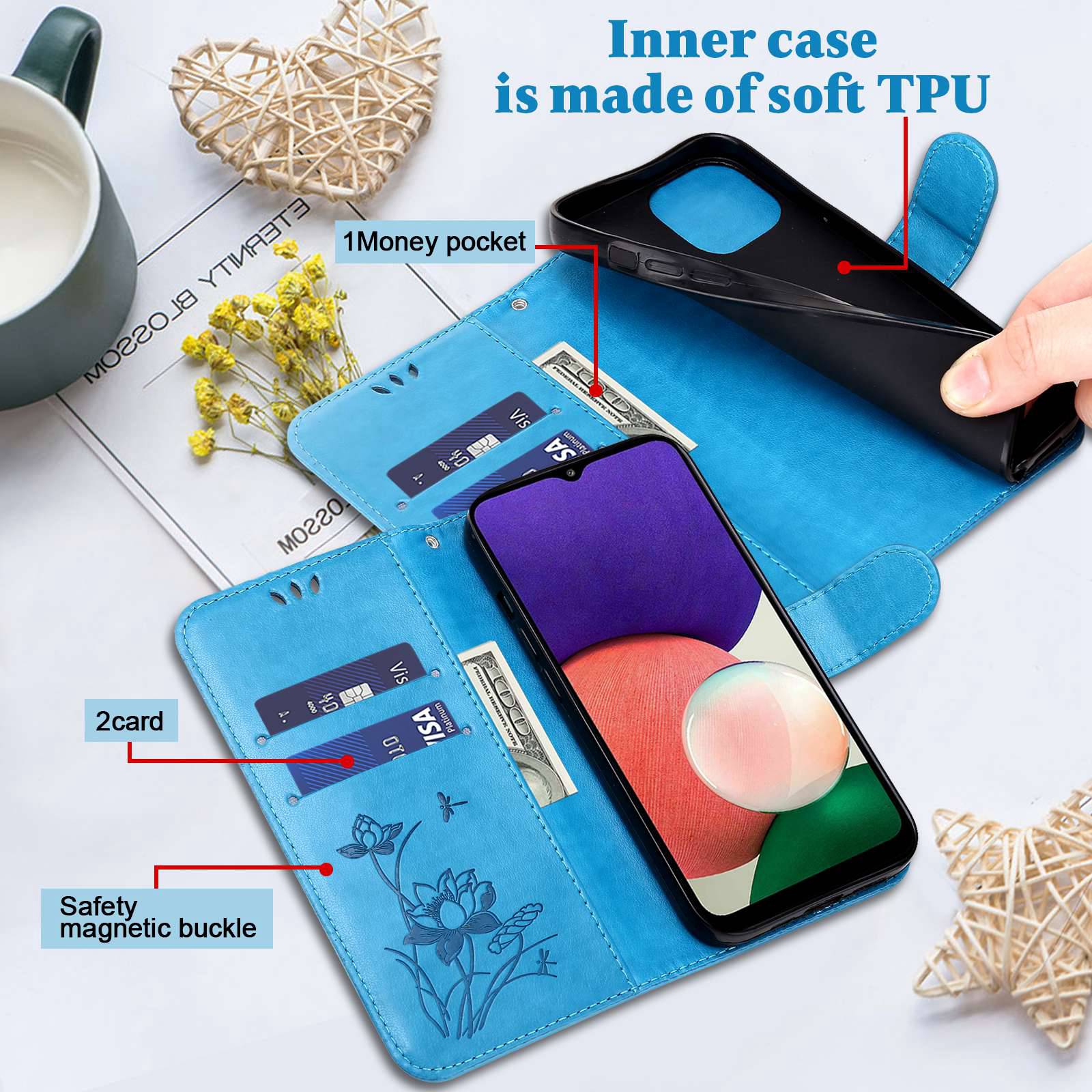 For Samsung Galaxy S20 FE 2022/S20 FE 4G/5G/S20 Lite Dual-layer Protection TPU+PU Leather Imprinted Lotus Pattern Case Anti-scratch Wallet Stand Shell - Blue