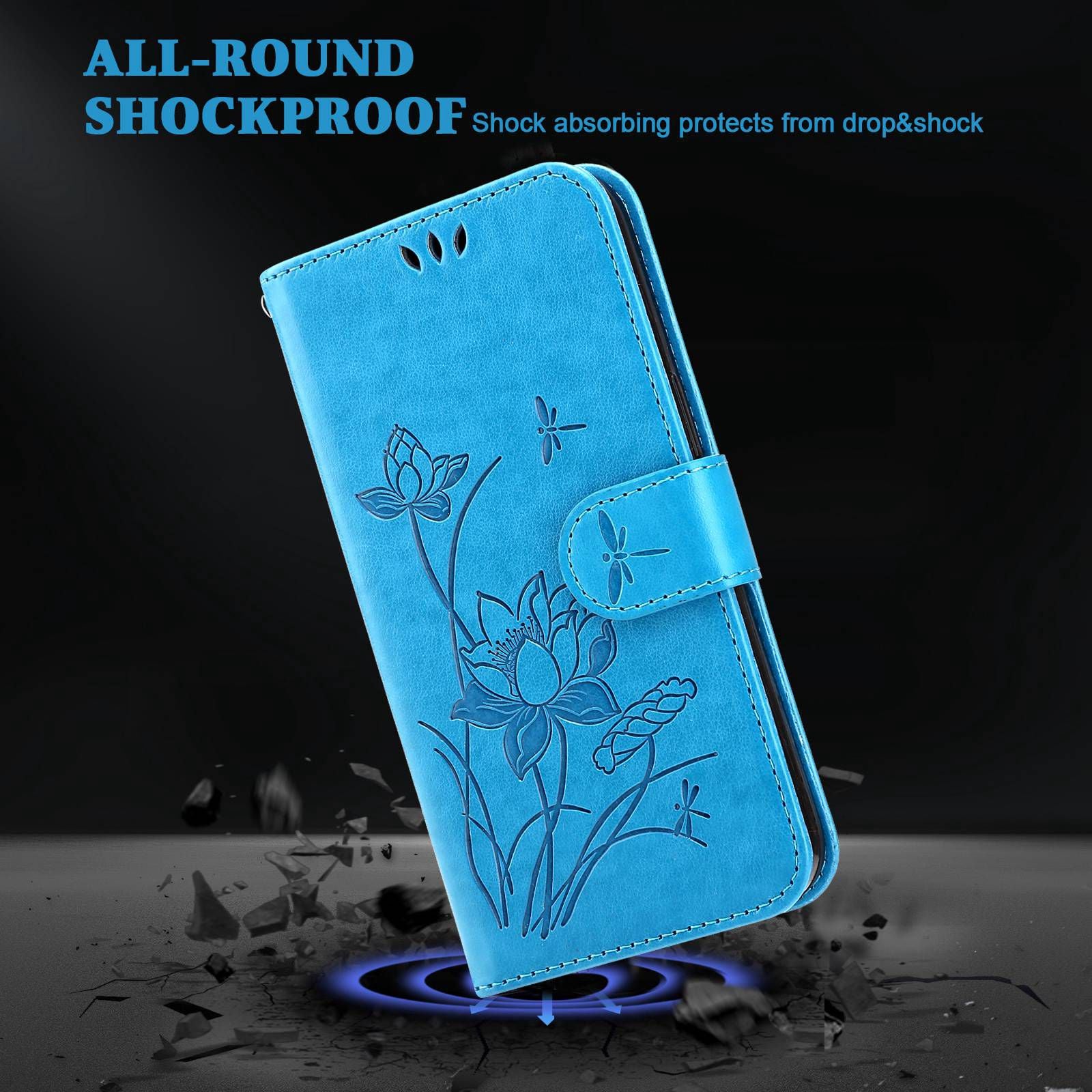 For Samsung Galaxy S20 FE 2022/S20 FE 4G/5G/S20 Lite Dual-layer Protection TPU+PU Leather Imprinted Lotus Pattern Case Anti-scratch Wallet Stand Shell - Blue