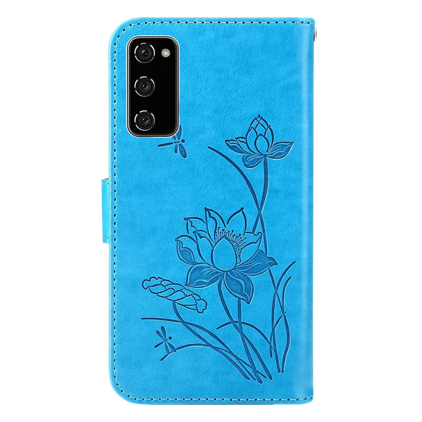 For Samsung Galaxy S20 FE 2022/S20 FE 4G/5G/S20 Lite Dual-layer Protection TPU+PU Leather Imprinted Lotus Pattern Case Anti-scratch Wallet Stand Shell - Blue