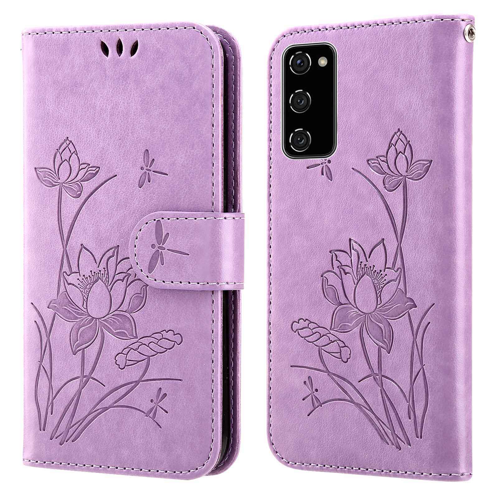 For Samsung Galaxy S20 FE 2022/S20 FE 4G/5G/S20 Lite Dual-layer Protection TPU+PU Leather Imprinted Lotus Pattern Case Anti-scratch Wallet Stand Shell - Purple