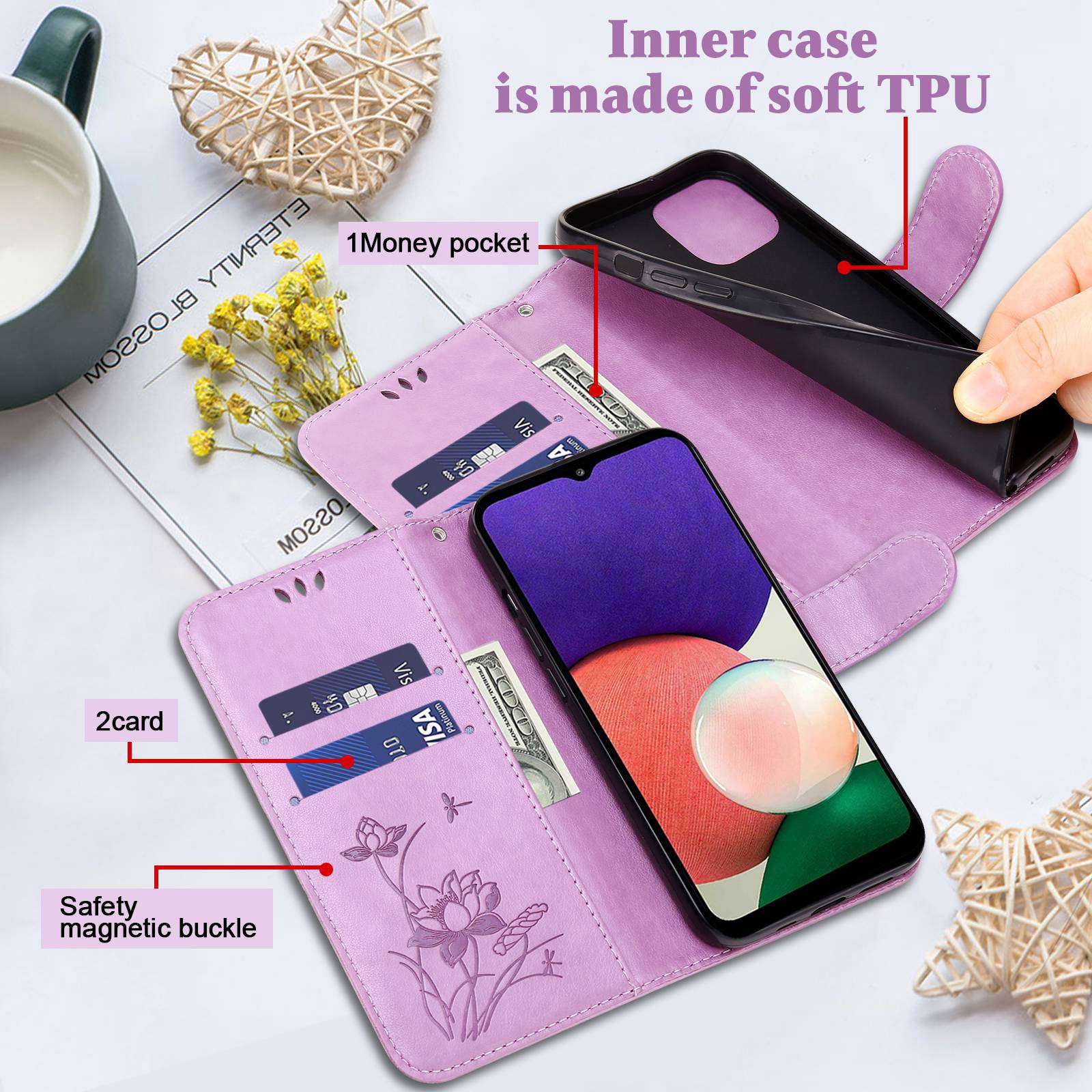 For Samsung Galaxy S20 FE 2022/S20 FE 4G/5G/S20 Lite Dual-layer Protection TPU+PU Leather Imprinted Lotus Pattern Case Anti-scratch Wallet Stand Shell - Purple