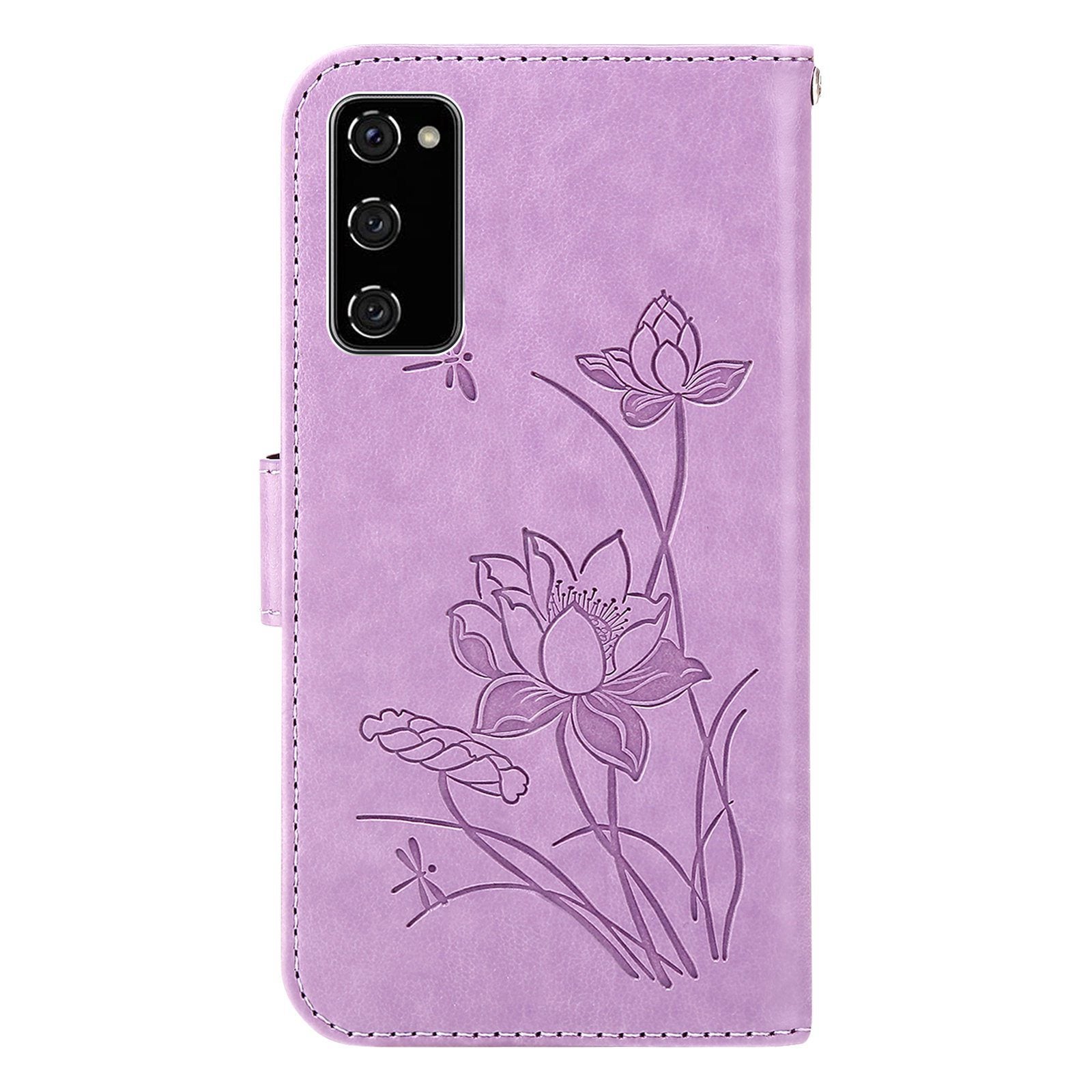 For Samsung Galaxy S20 FE 2022/S20 FE 4G/5G/S20 Lite Dual-layer Protection TPU+PU Leather Imprinted Lotus Pattern Case Anti-scratch Wallet Stand Shell - Purple