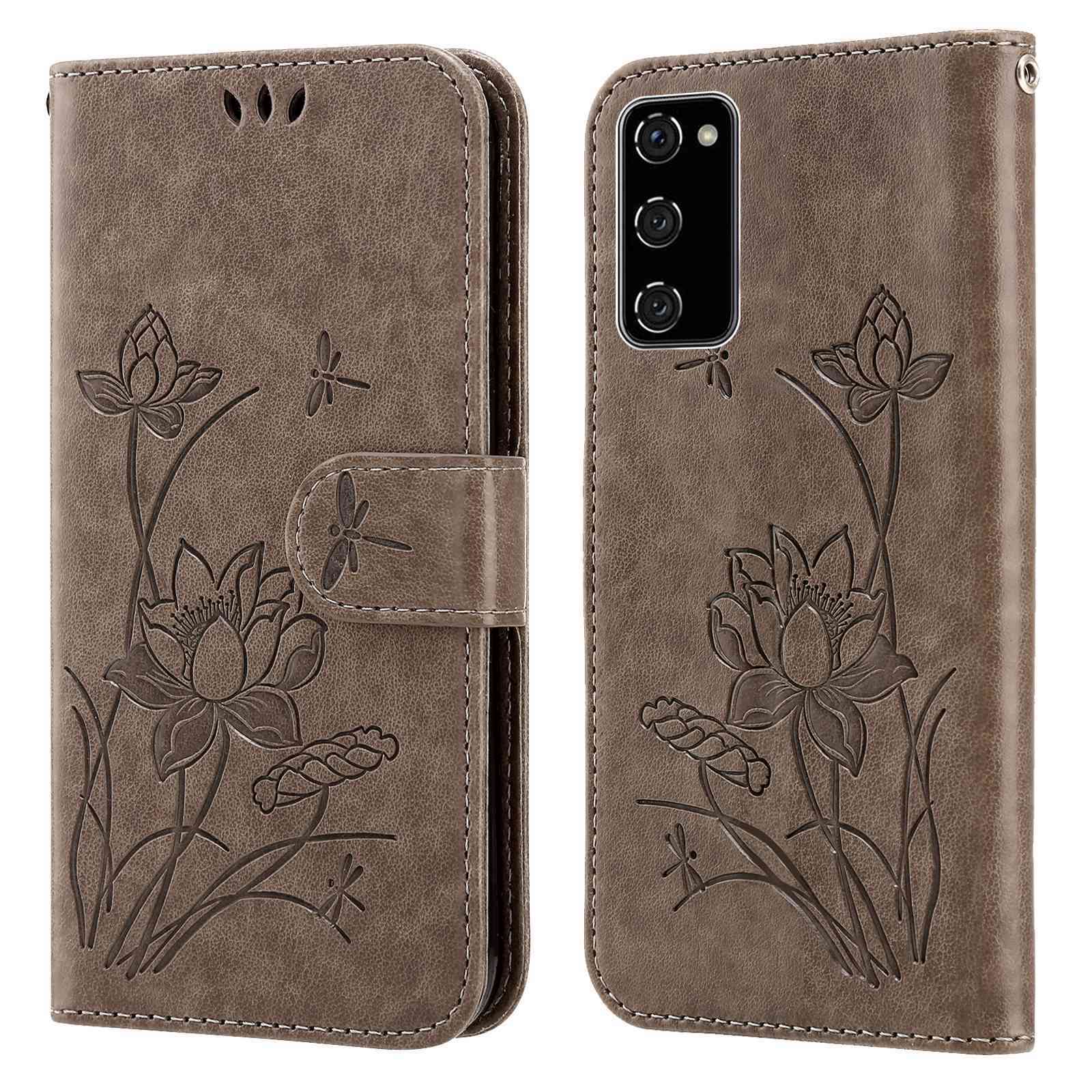 For Samsung Galaxy S20 FE 2022/S20 FE 4G/5G/S20 Lite Dual-layer Protection TPU+PU Leather Imprinted Lotus Pattern Case Anti-scratch Wallet Stand Shell - Grey