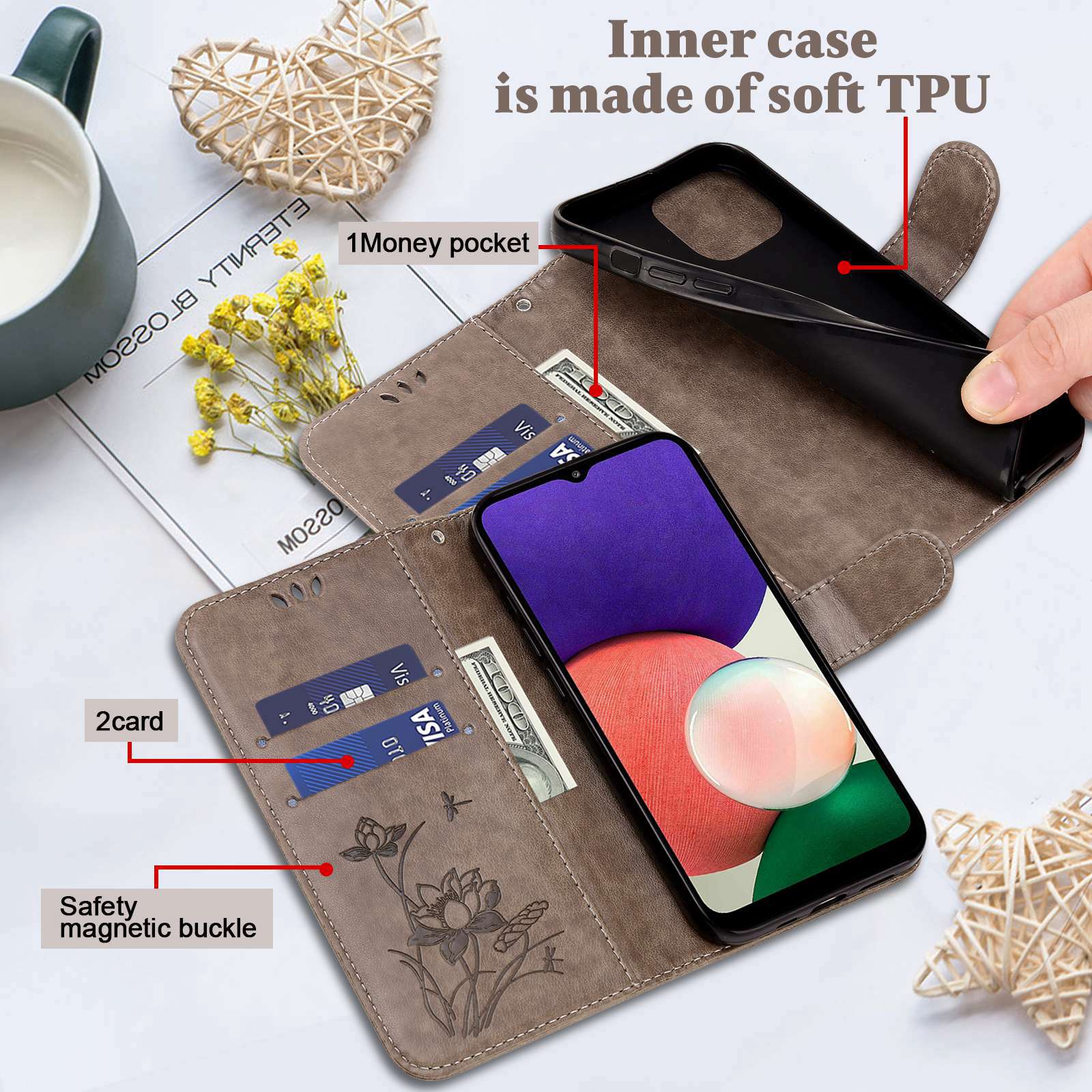 For Samsung Galaxy S20 FE 2022/S20 FE 4G/5G/S20 Lite Dual-layer Protection TPU+PU Leather Imprinted Lotus Pattern Case Anti-scratch Wallet Stand Shell - Grey