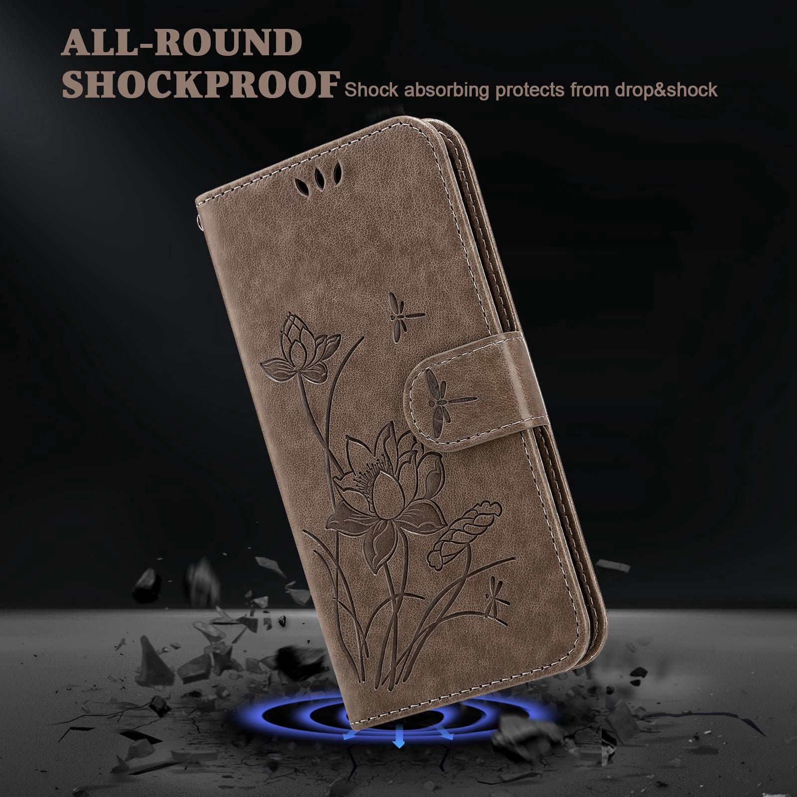 For Samsung Galaxy S20 FE 2022/S20 FE 4G/5G/S20 Lite Dual-layer Protection TPU+PU Leather Imprinted Lotus Pattern Case Anti-scratch Wallet Stand Shell - Grey