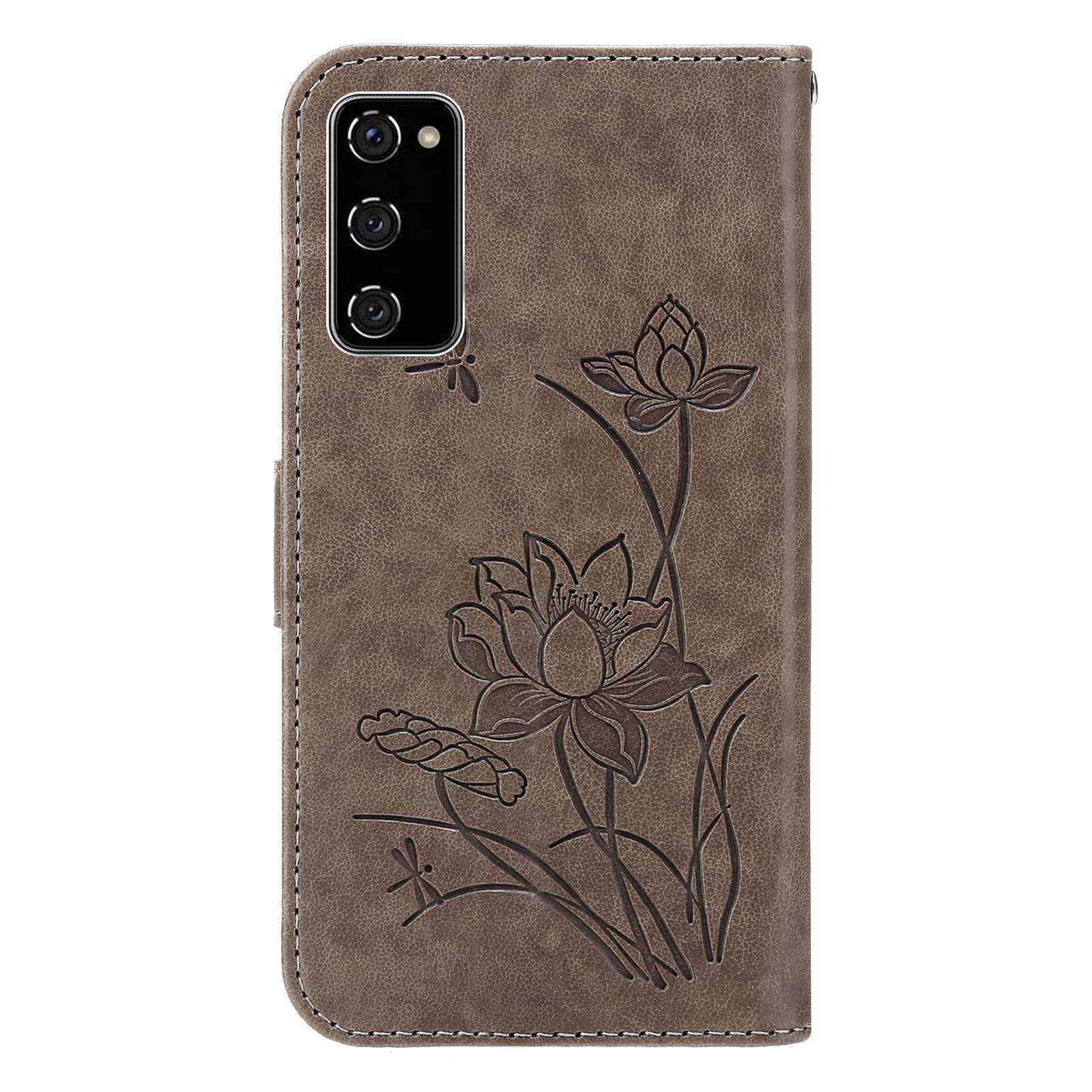 For Samsung Galaxy S20 FE 2022/S20 FE 4G/5G/S20 Lite Dual-layer Protection TPU+PU Leather Imprinted Lotus Pattern Case Anti-scratch Wallet Stand Shell - Grey