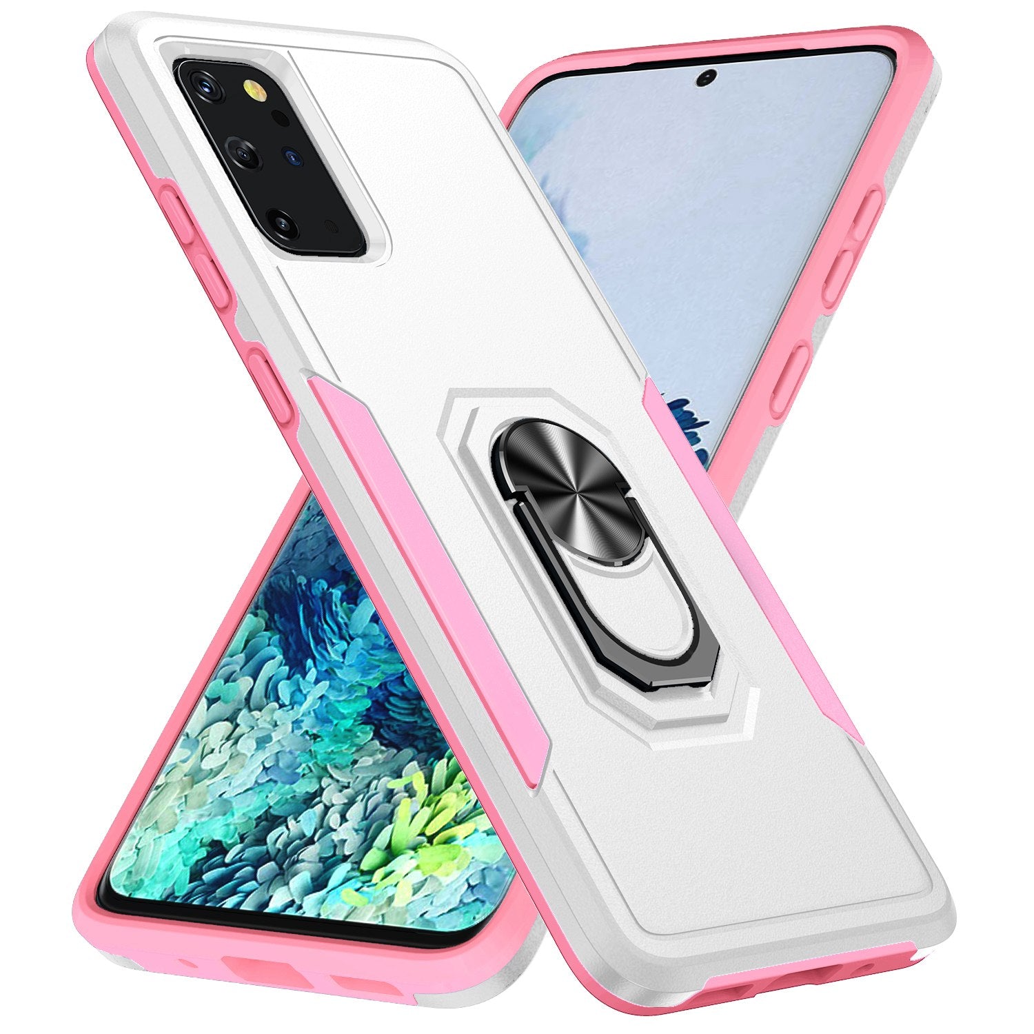 Defender Series Cellphone Case for Samsung Galaxy S20 Plus 4G/5G, Anti-stain PC + TPU Phone Cover with Rotary Ring Kickstand - White/Pink