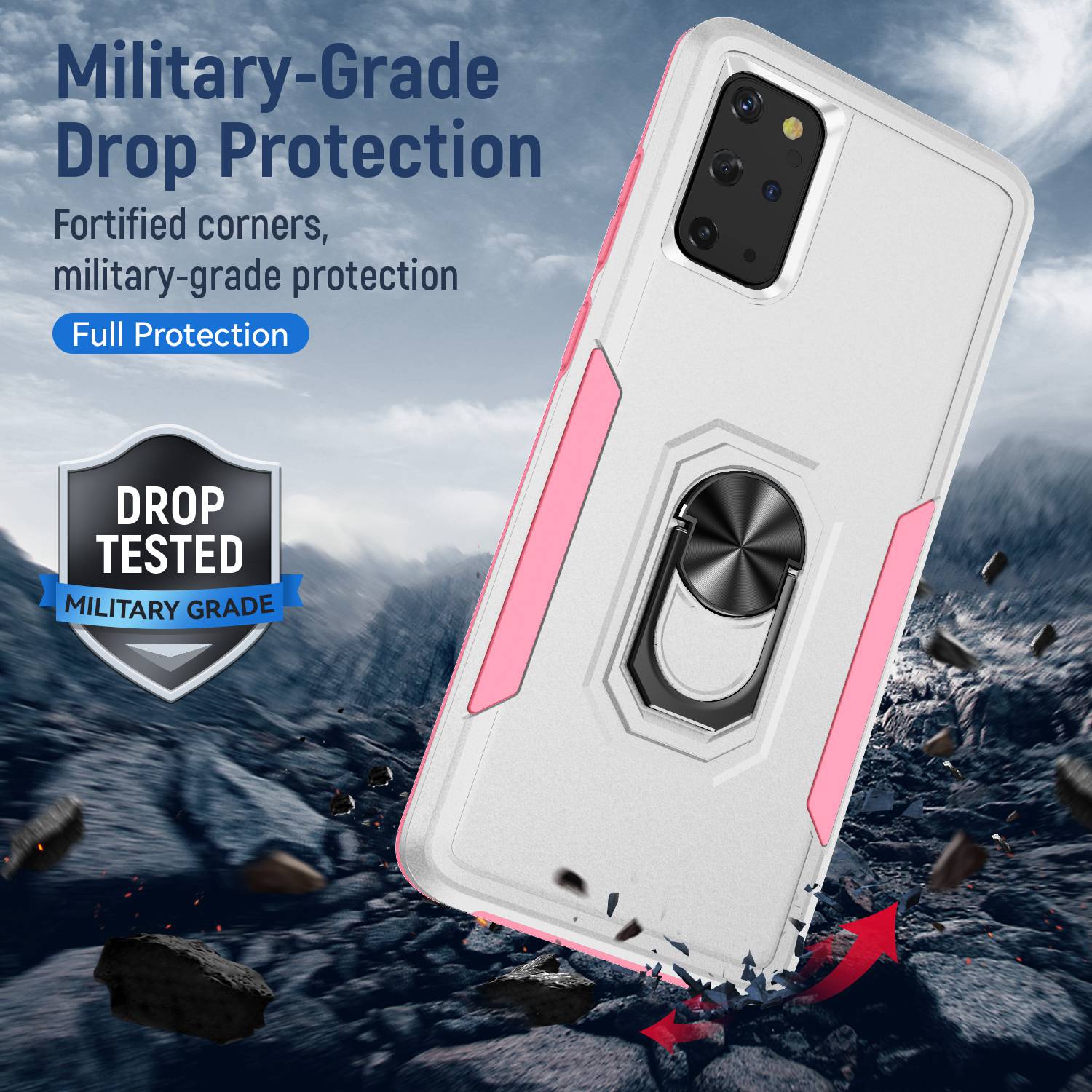 Defender Series Cellphone Case for Samsung Galaxy S20 Plus 4G/5G, Anti-stain PC + TPU Phone Cover with Rotary Ring Kickstand - White/Pink