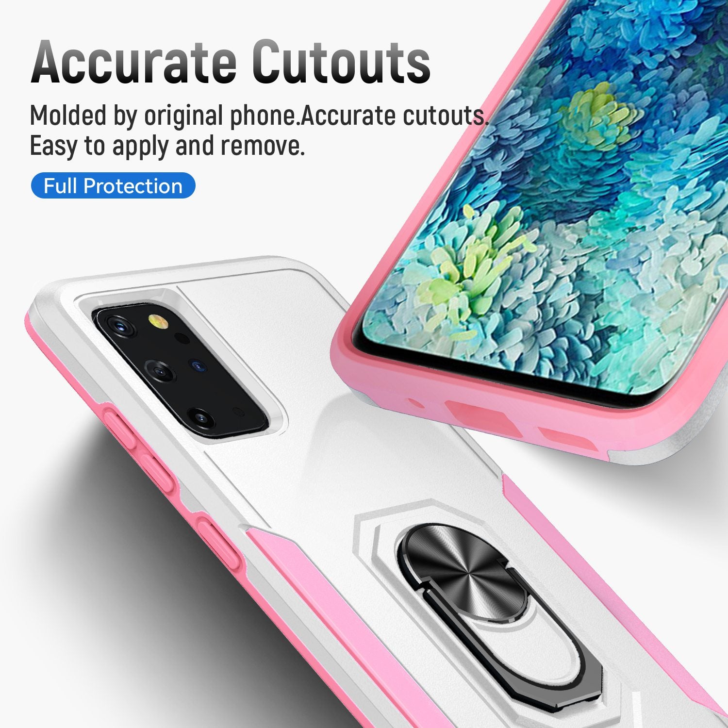 Defender Series Cellphone Case for Samsung Galaxy S20 Plus 4G/5G, Anti-stain PC + TPU Phone Cover with Rotary Ring Kickstand - White/Pink