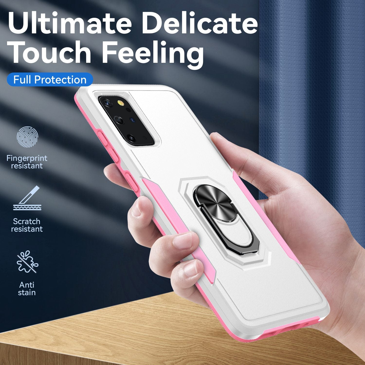 Defender Series Cellphone Case for Samsung Galaxy S20 Plus 4G/5G, Anti-stain PC + TPU Phone Cover with Rotary Ring Kickstand - White/Pink