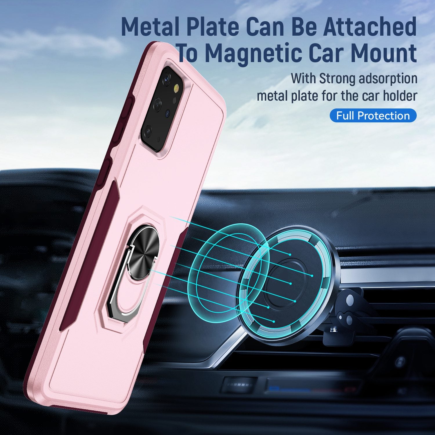 Defender Series Cellphone Case for Samsung Galaxy S20 Plus 4G/5G, Anti-stain PC + TPU Phone Cover with Rotary Ring Kickstand - Pink/Rose