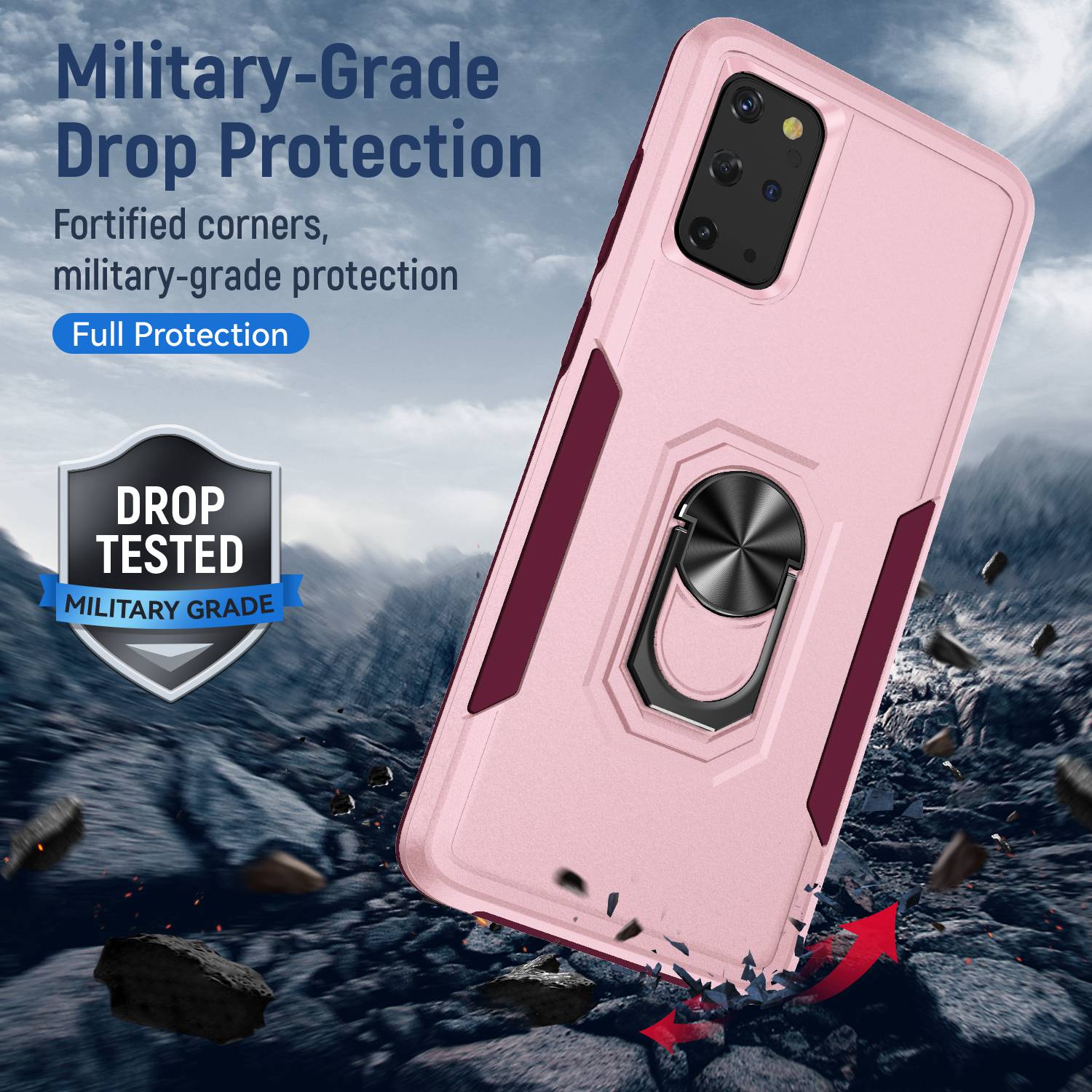 Defender Series Cellphone Case for Samsung Galaxy S20 Plus 4G/5G, Anti-stain PC + TPU Phone Cover with Rotary Ring Kickstand - Pink/Rose