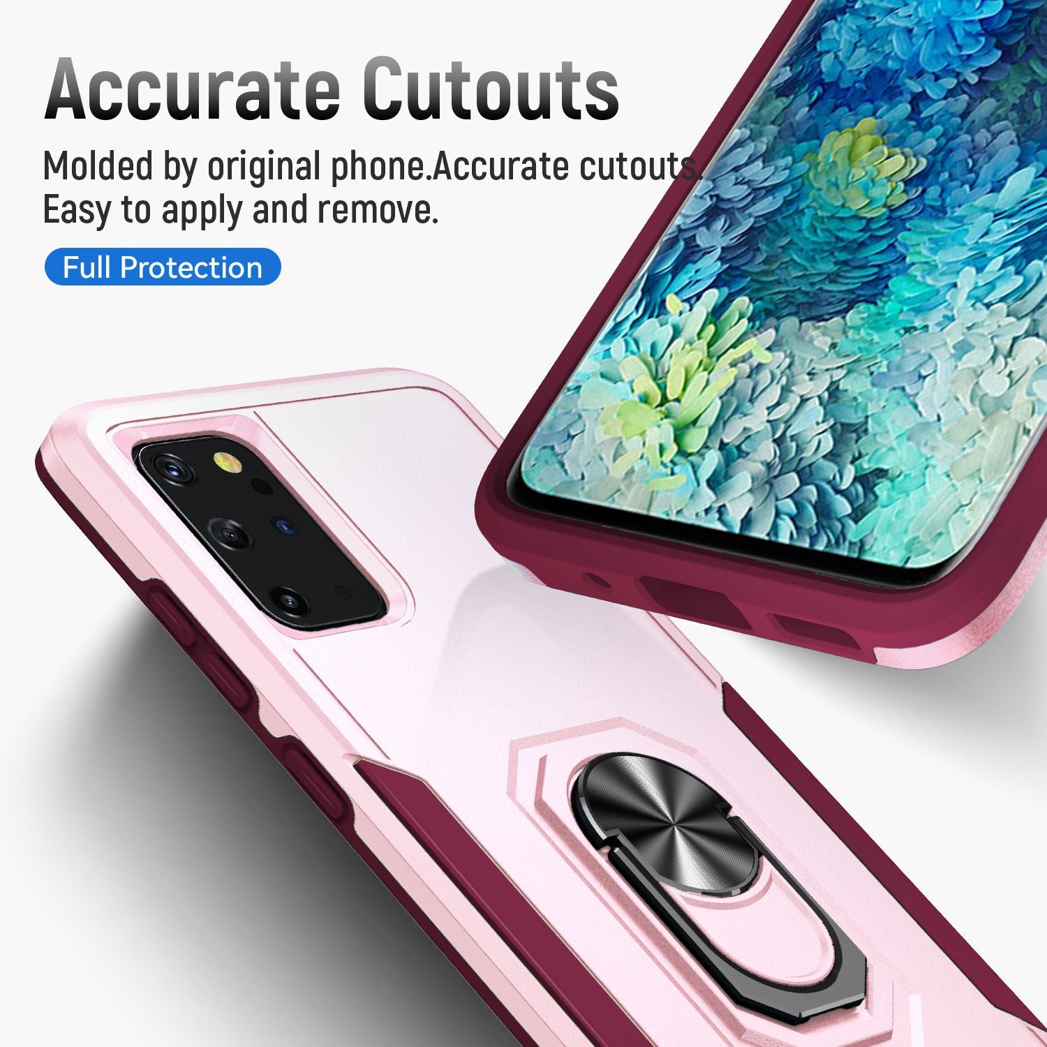 Defender Series Cellphone Case for Samsung Galaxy S20 Plus 4G/5G, Anti-stain PC + TPU Phone Cover with Rotary Ring Kickstand - Pink/Rose