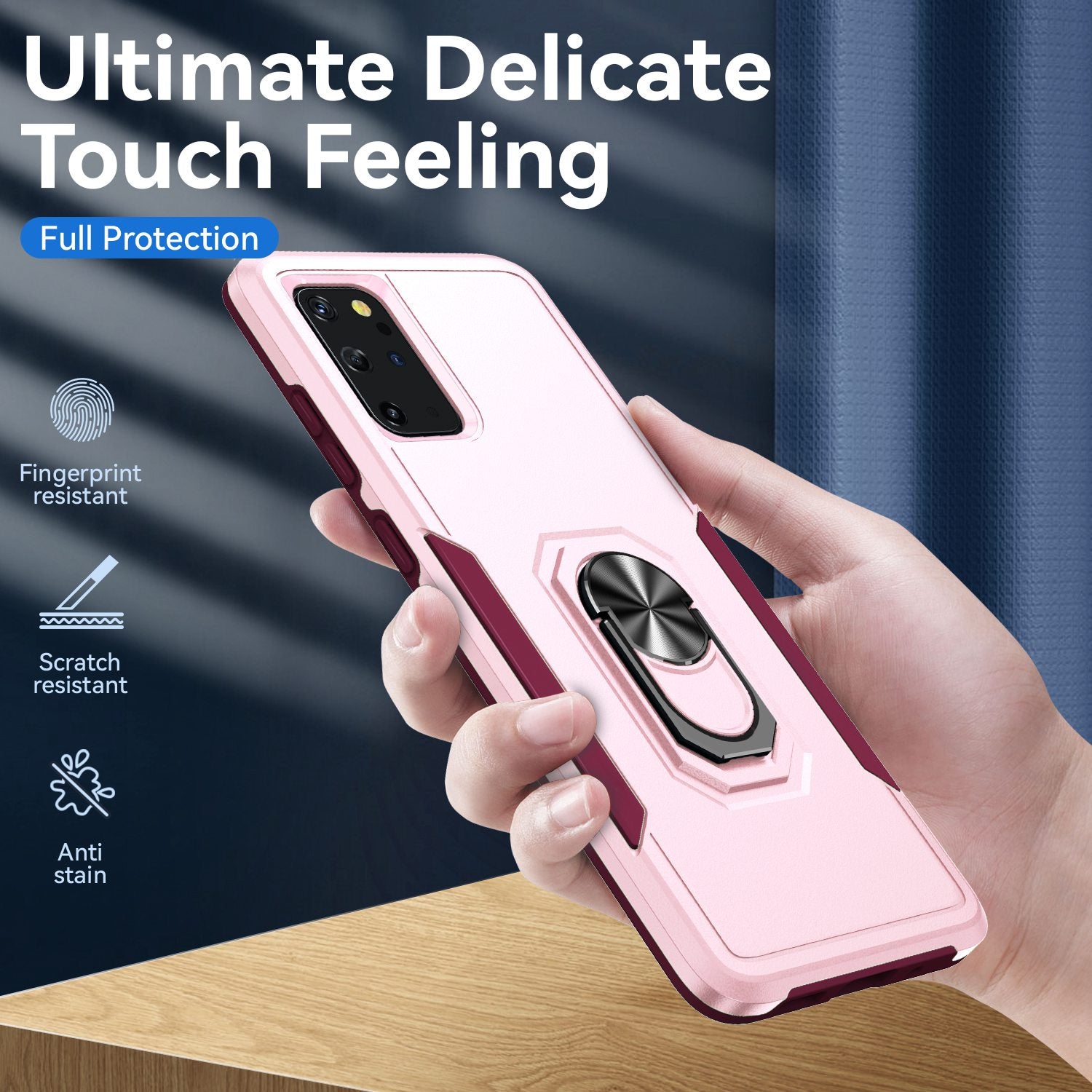 Defender Series Cellphone Case for Samsung Galaxy S20 Plus 4G/5G, Anti-stain PC + TPU Phone Cover with Rotary Ring Kickstand - Pink/Rose