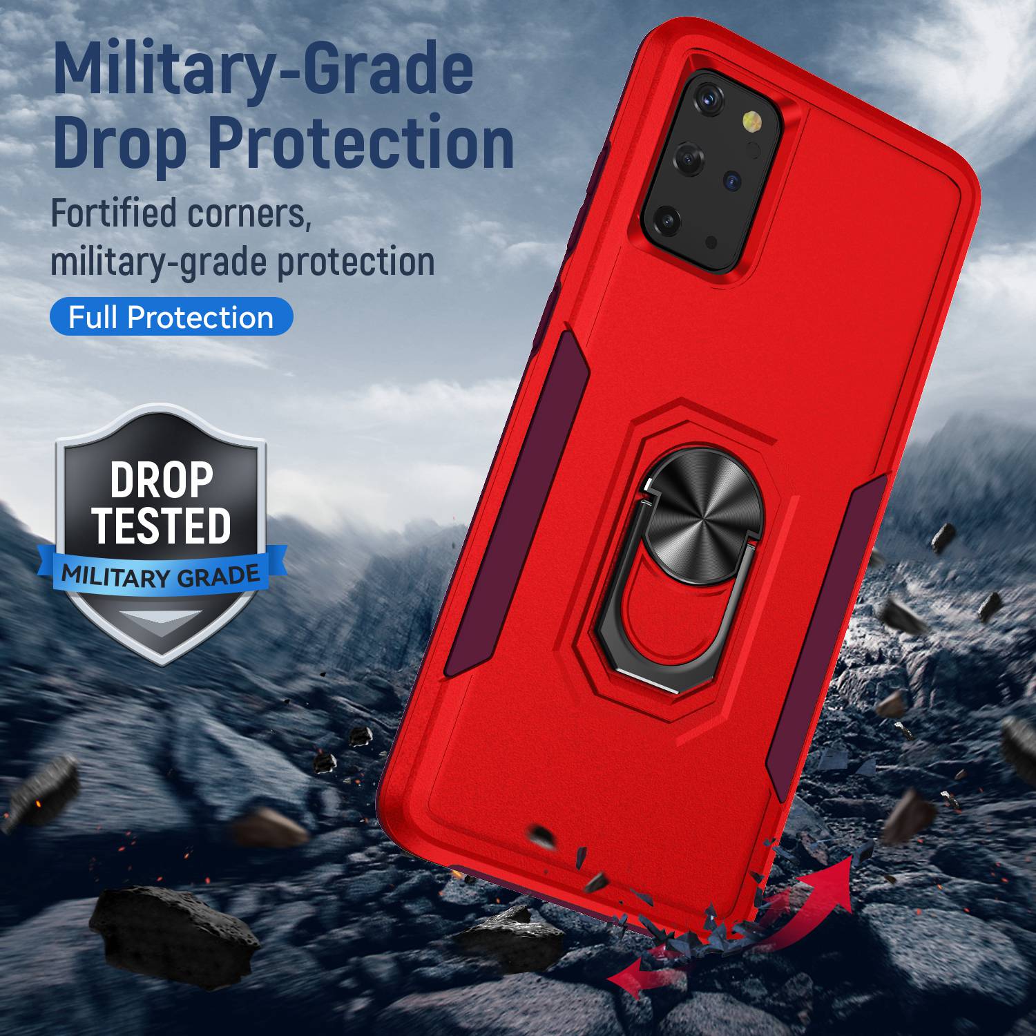 Defender Series Cellphone Case for Samsung Galaxy S20 Plus 4G/5G, Anti-stain PC + TPU Phone Cover with Rotary Ring Kickstand - Red/Rose