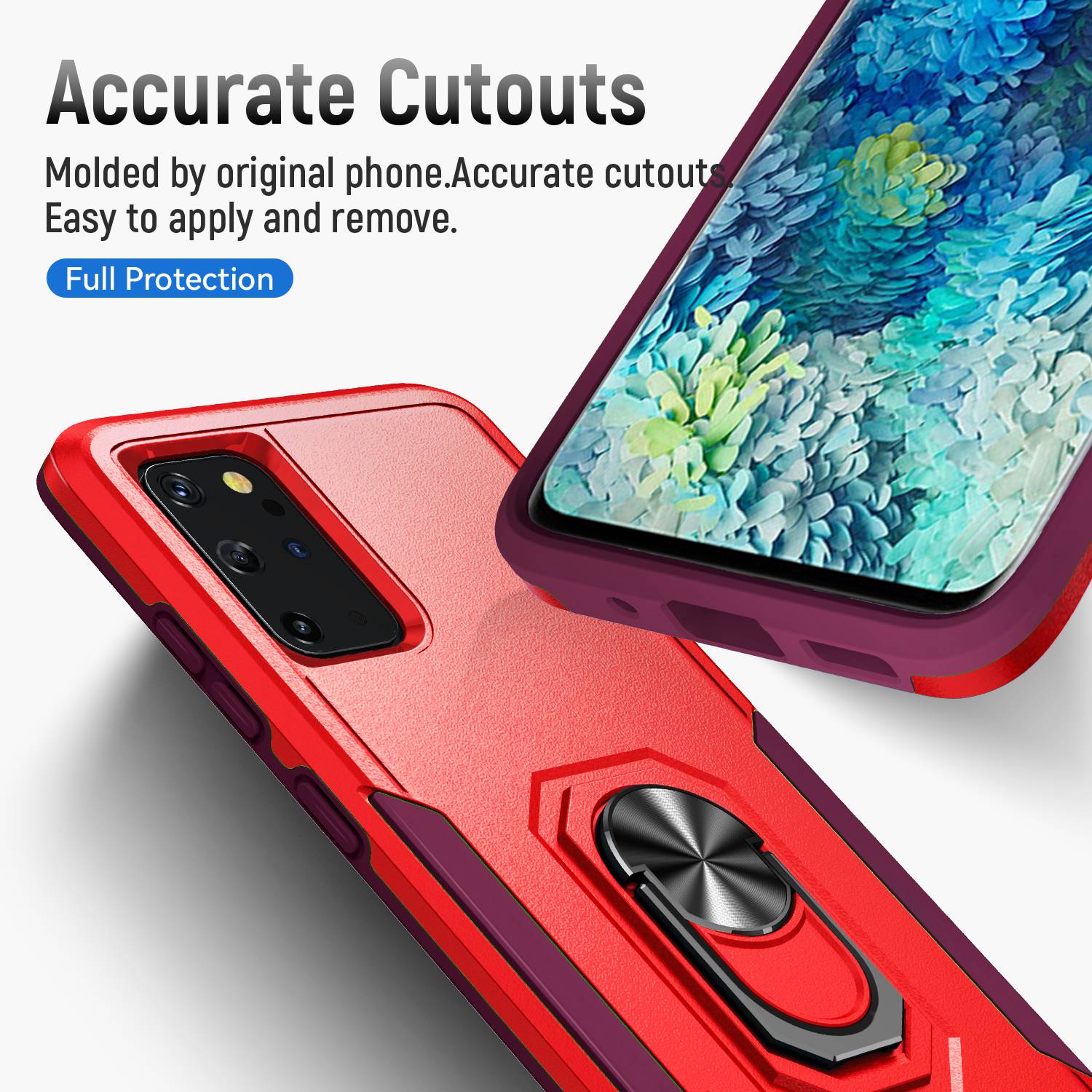 Defender Series Cellphone Case for Samsung Galaxy S20 Plus 4G/5G, Anti-stain PC + TPU Phone Cover with Rotary Ring Kickstand - Red/Rose