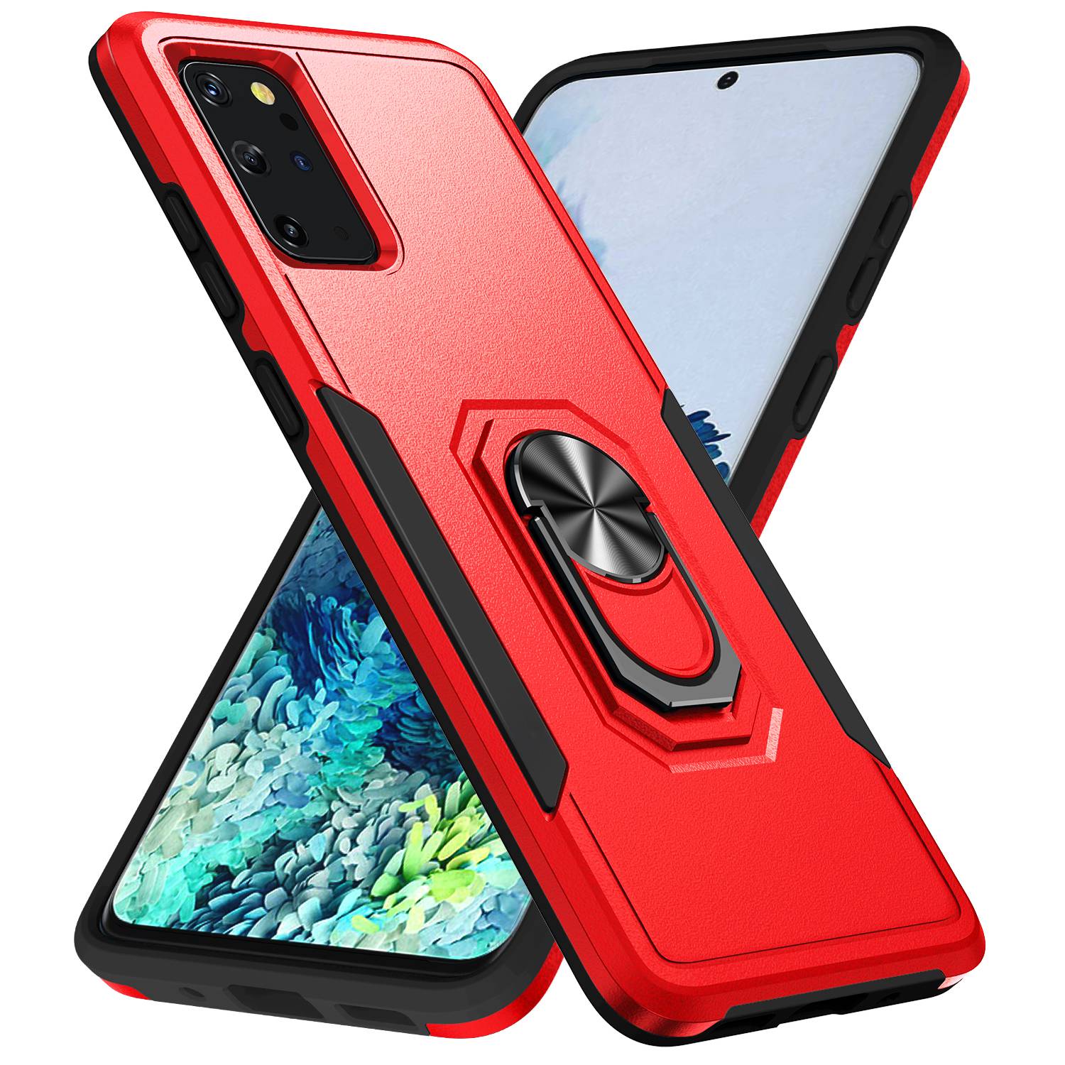 Defender Series Cellphone Case for Samsung Galaxy S20 Plus 4G/5G, Anti-stain PC + TPU Phone Cover with Rotary Ring Kickstand - Red/Black