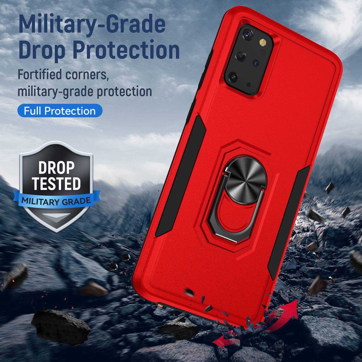 Defender Series Cellphone Case for Samsung Galaxy S20 Plus 4G/5G, Anti-stain PC + TPU Phone Cover with Rotary Ring Kickstand - Red/Black