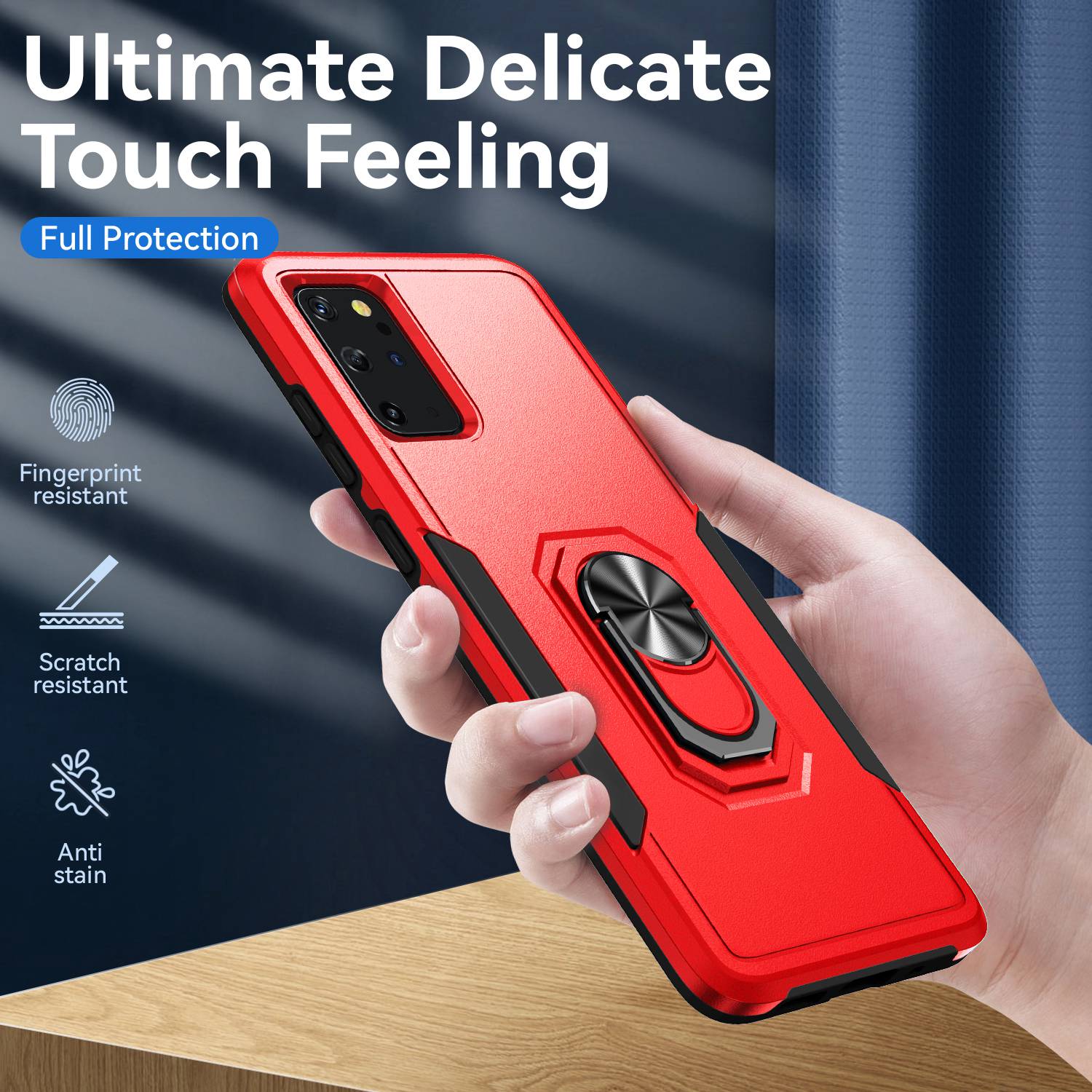 Defender Series Cellphone Case for Samsung Galaxy S20 Plus 4G/5G, Anti-stain PC + TPU Phone Cover with Rotary Ring Kickstand - Red/Black