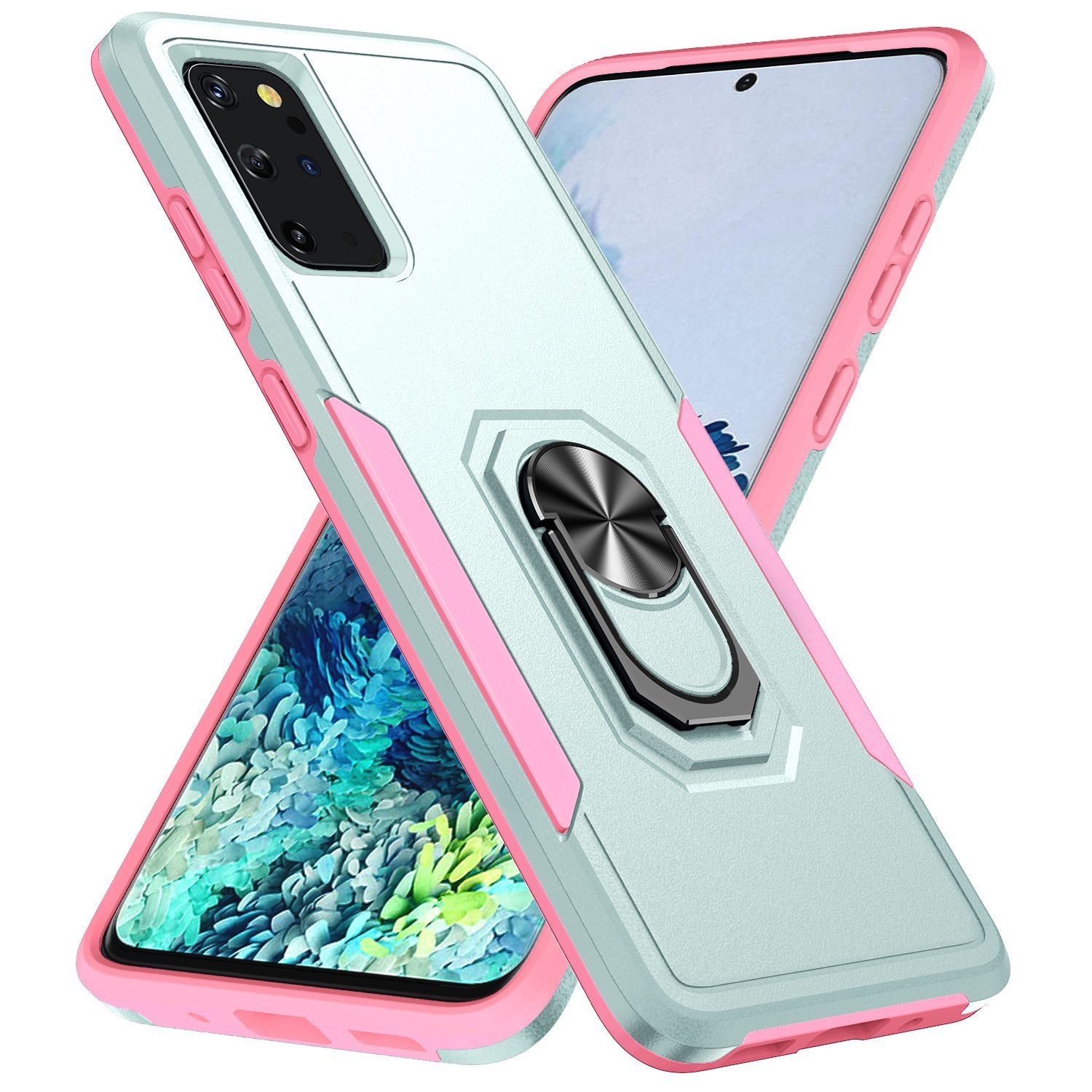 Defender Series Cellphone Case for Samsung Galaxy S20 Plus 4G/5G, Anti-stain PC + TPU Phone Cover with Rotary Ring Kickstand - Green/Pink