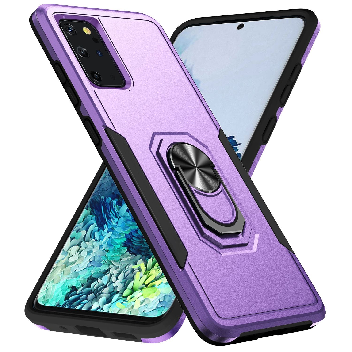 Defender Series Cellphone Case for Samsung Galaxy S20 Plus 4G/5G, Anti-stain PC + TPU Phone Cover with Rotary Ring Kickstand - Purple/Black