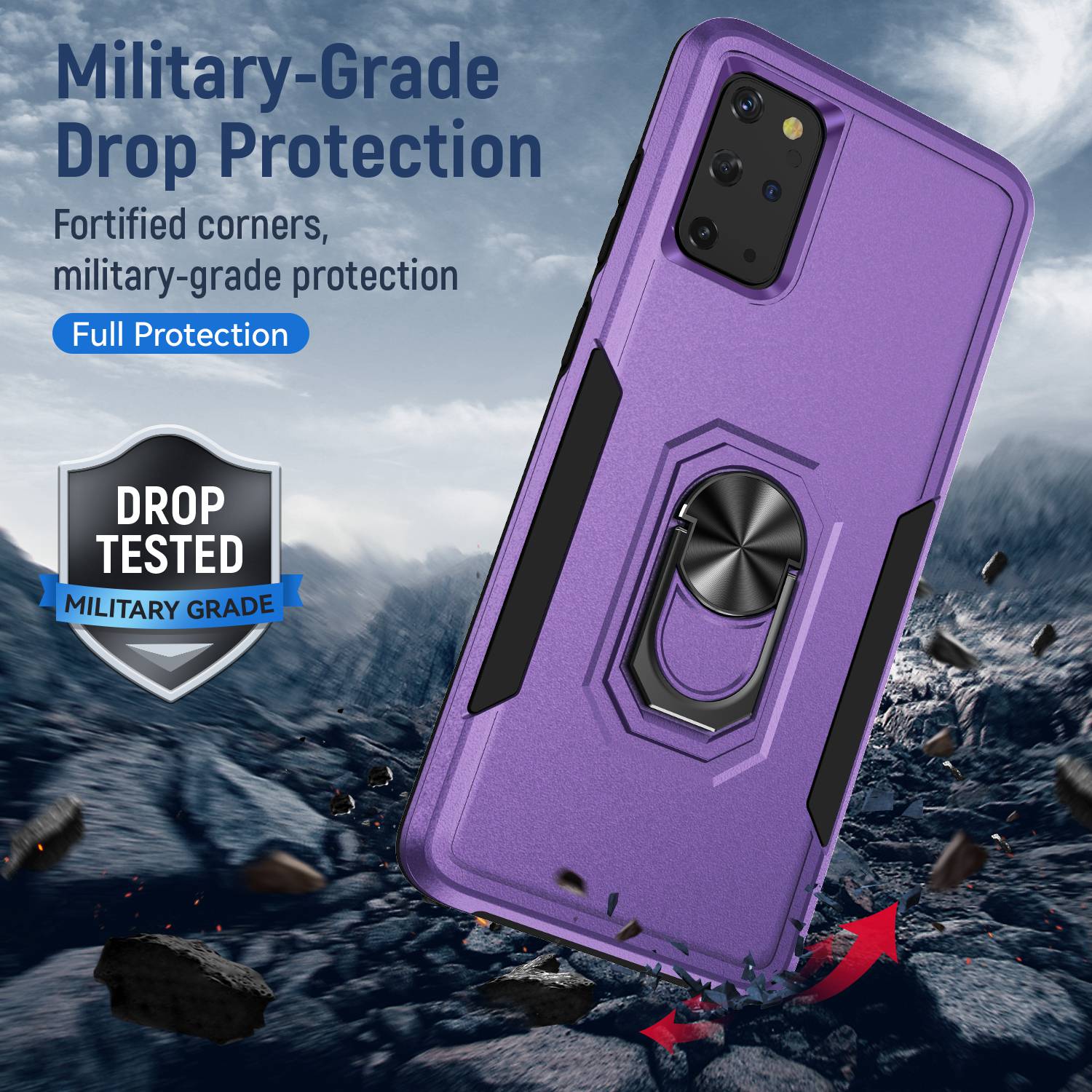 Defender Series Cellphone Case for Samsung Galaxy S20 Plus 4G/5G, Anti-stain PC + TPU Phone Cover with Rotary Ring Kickstand - Purple/Black