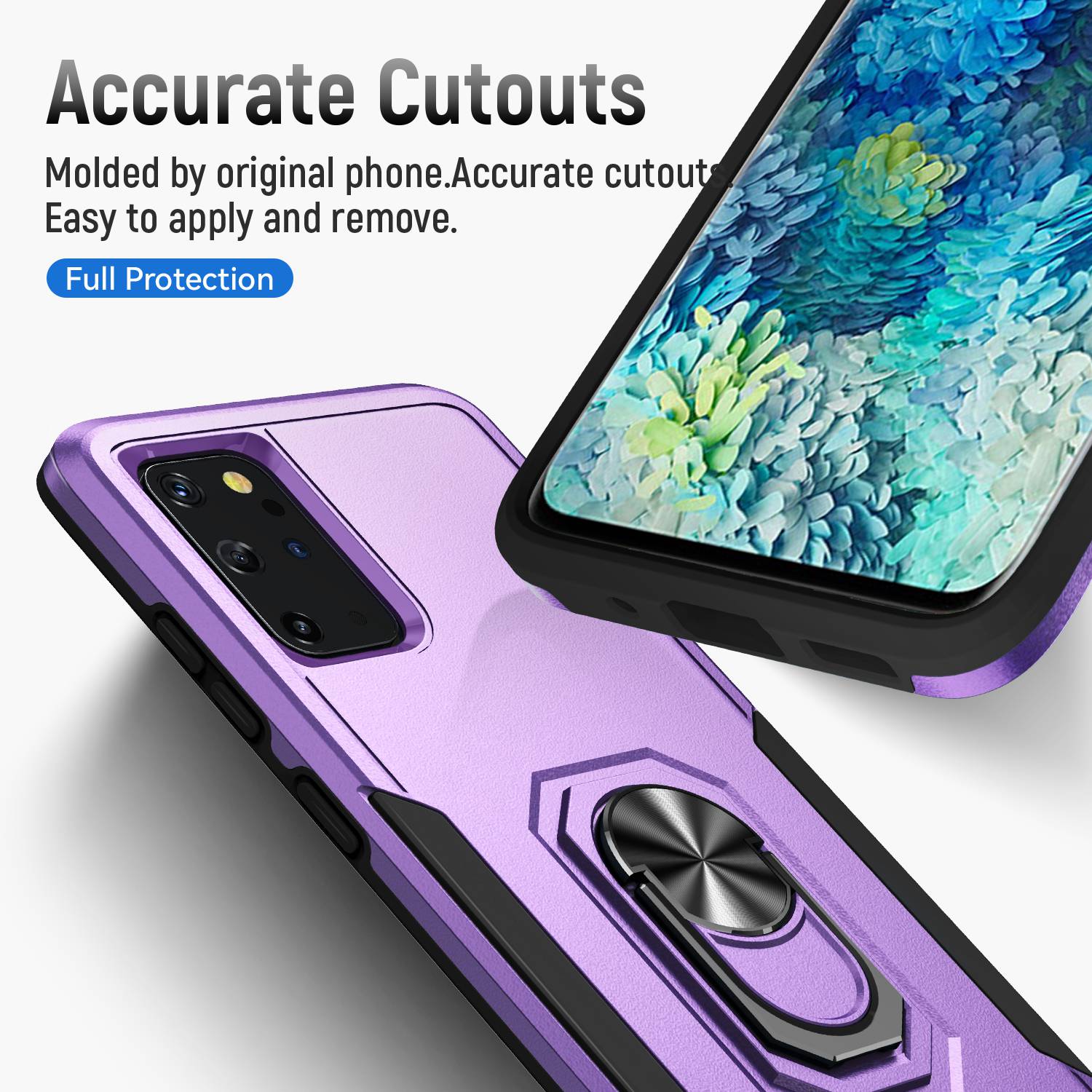 Defender Series Cellphone Case for Samsung Galaxy S20 Plus 4G/5G, Anti-stain PC + TPU Phone Cover with Rotary Ring Kickstand - Purple/Black