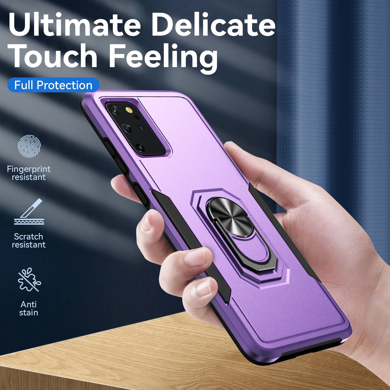 Defender Series Cellphone Case for Samsung Galaxy S20 Plus 4G/5G, Anti-stain PC + TPU Phone Cover with Rotary Ring Kickstand - Purple/Black