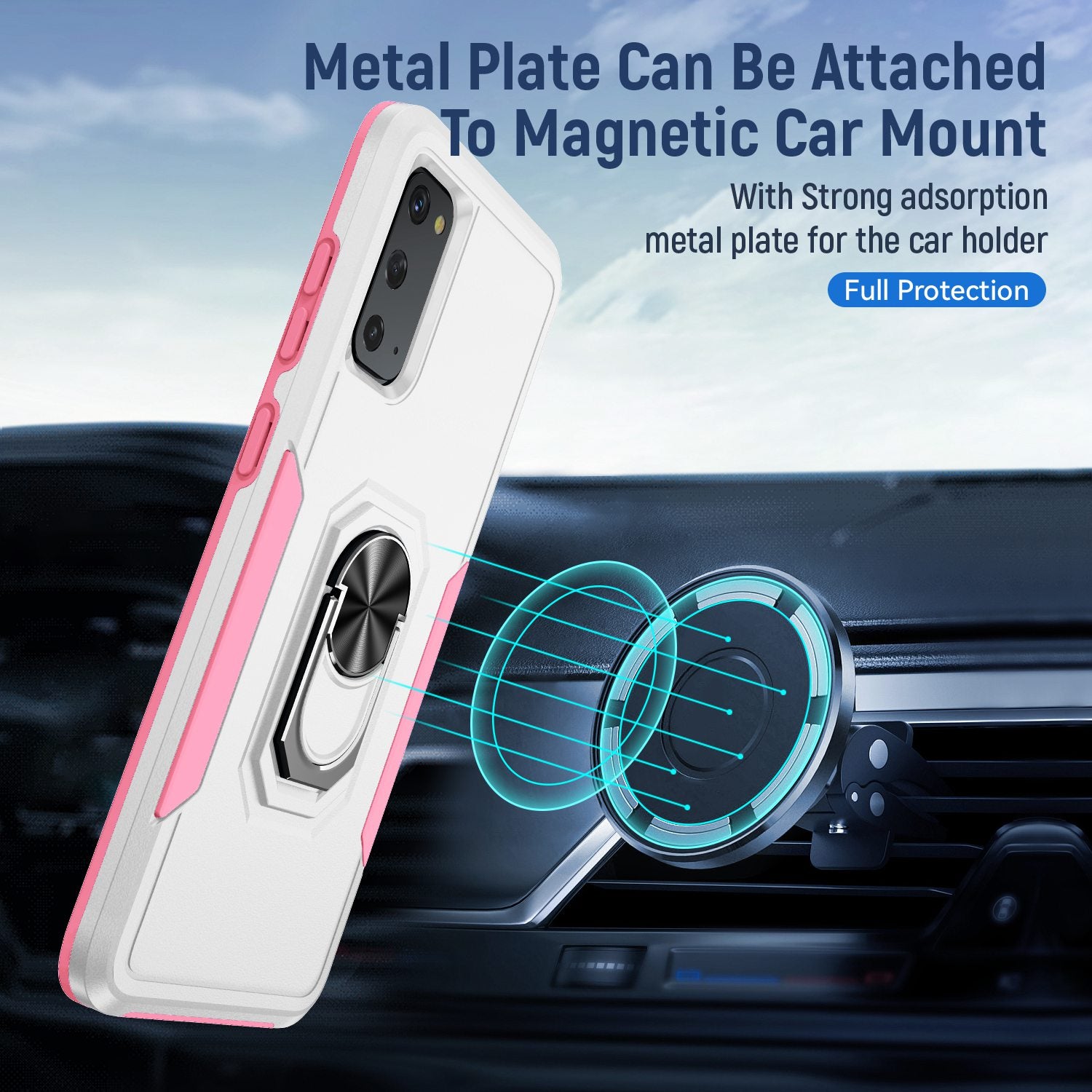 Defender Series Cellphone Case for Samsung Galaxy S20 4G/5G, Collision Resistant PC + TPU Combo Phone Cover with Rotary Ring Kickstand - White/Pink