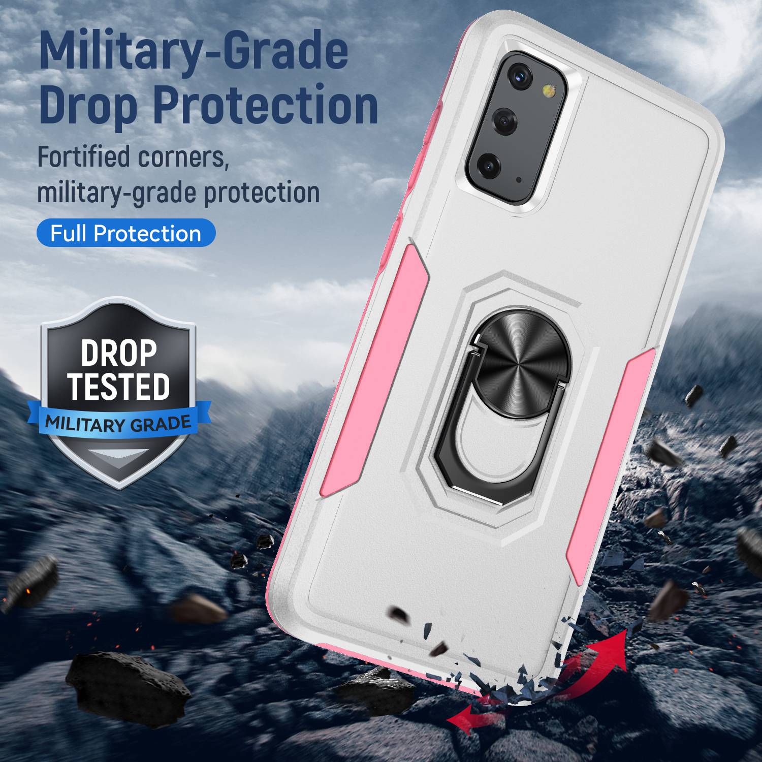 Defender Series Cellphone Case for Samsung Galaxy S20 4G/5G, Collision Resistant PC + TPU Combo Phone Cover with Rotary Ring Kickstand - White/Pink