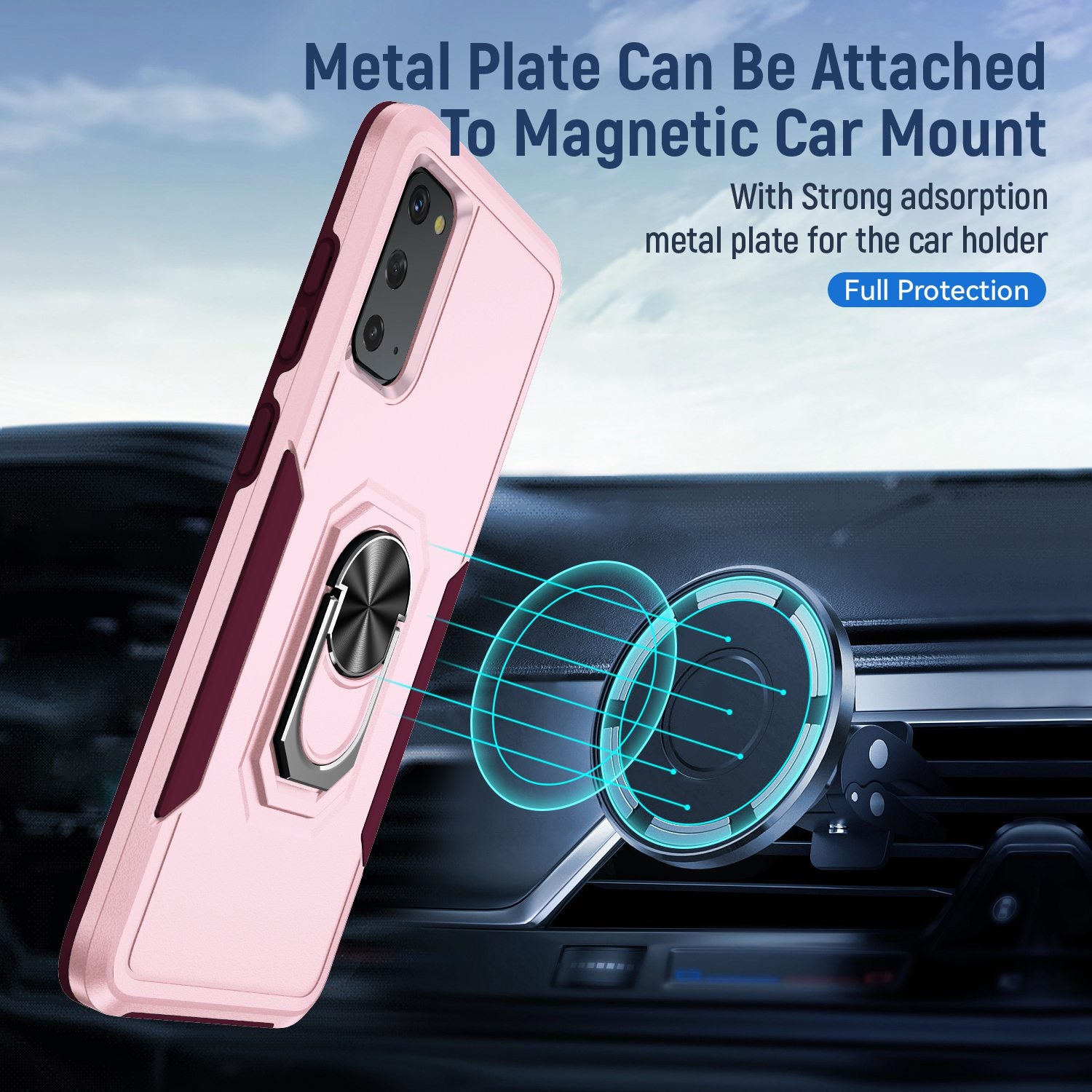 Defender Series Cellphone Case for Samsung Galaxy S20 4G/5G, Collision Resistant PC + TPU Combo Phone Cover with Rotary Ring Kickstand - Pink/Rose