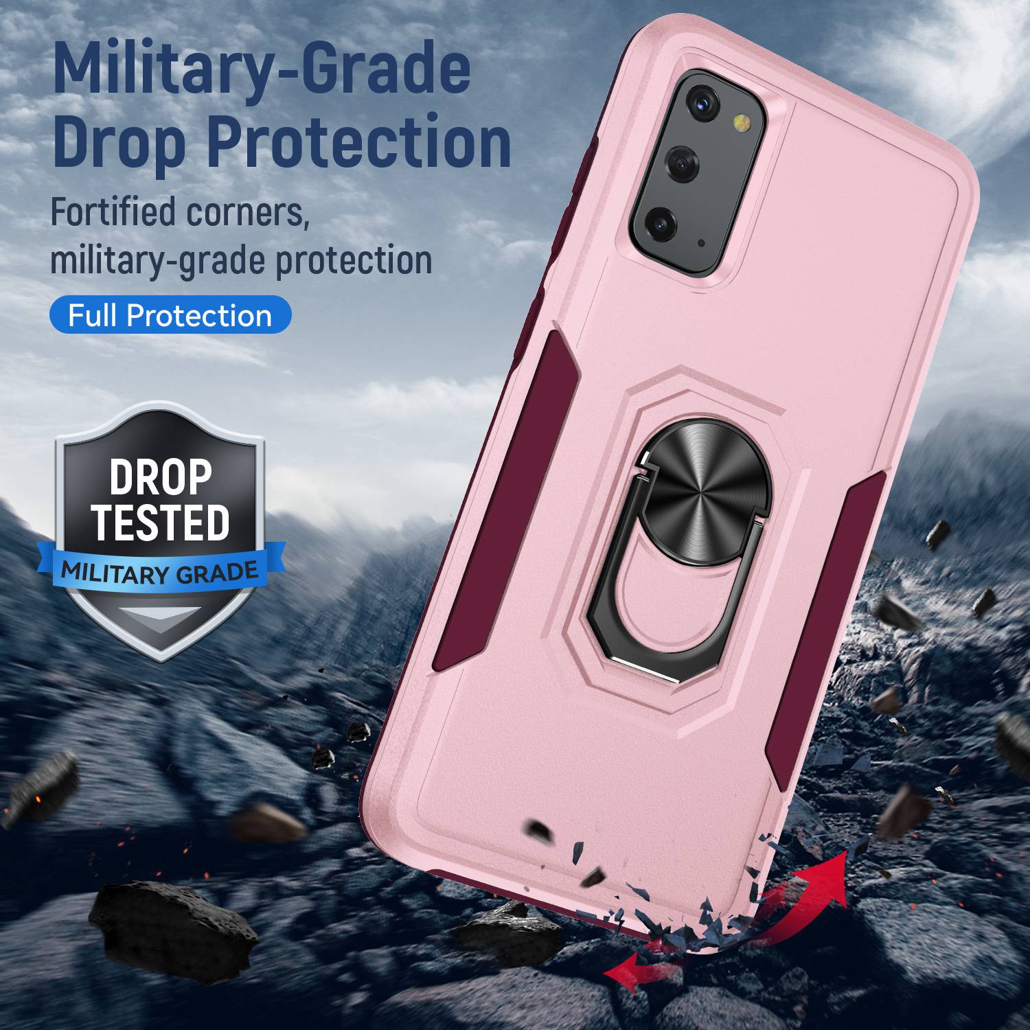 Defender Series Cellphone Case for Samsung Galaxy S20 4G/5G, Collision Resistant PC + TPU Combo Phone Cover with Rotary Ring Kickstand - Pink/Rose