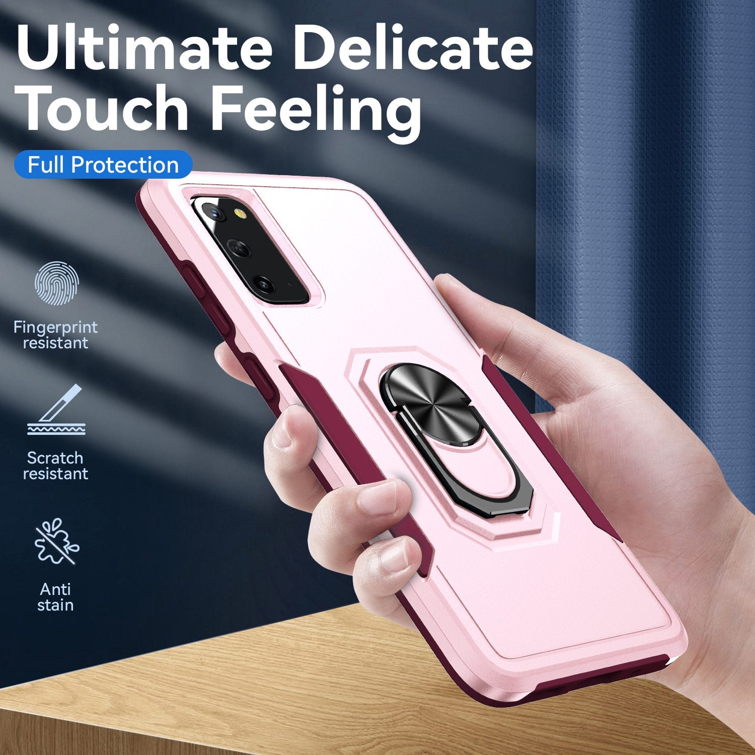 Defender Series Cellphone Case for Samsung Galaxy S20 4G/5G, Collision Resistant PC + TPU Combo Phone Cover with Rotary Ring Kickstand - Pink/Rose