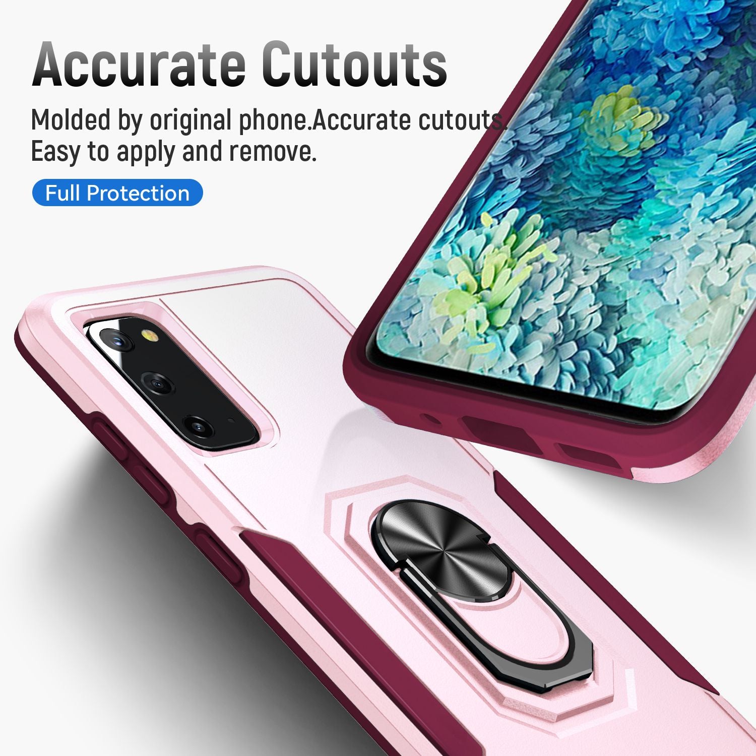 Defender Series Cellphone Case for Samsung Galaxy S20 4G/5G, Collision Resistant PC + TPU Combo Phone Cover with Rotary Ring Kickstand - Pink/Rose