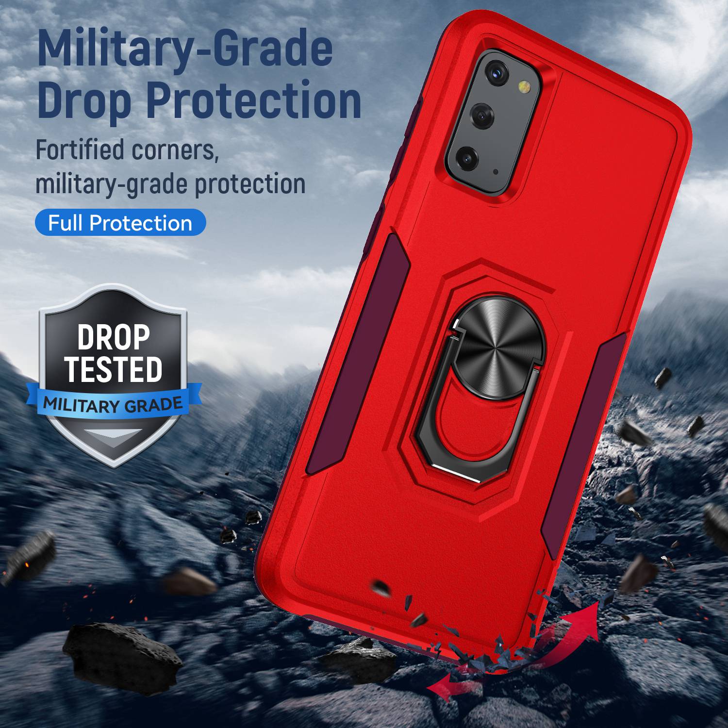 Defender Series Cellphone Case for Samsung Galaxy S20 4G/5G, Collision Resistant PC + TPU Combo Phone Cover with Rotary Ring Kickstand - Red/Rose