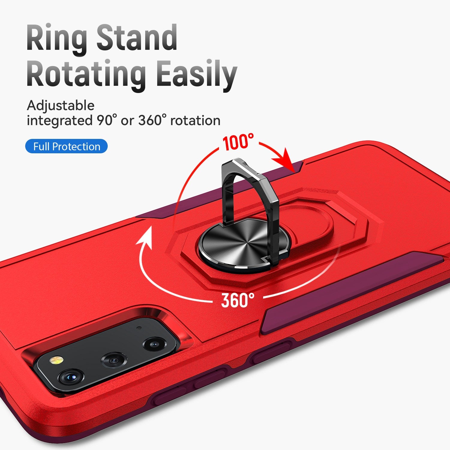 Defender Series Cellphone Case for Samsung Galaxy S20 4G/5G, Collision Resistant PC + TPU Combo Phone Cover with Rotary Ring Kickstand - Red/Rose