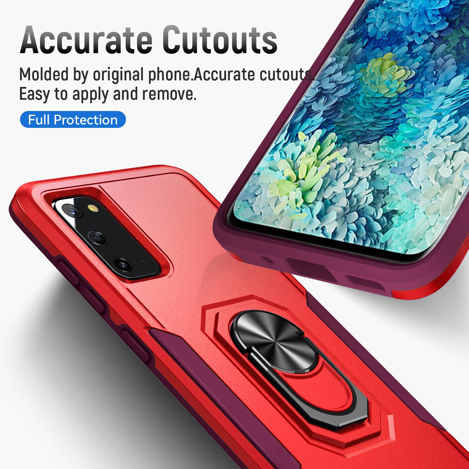 Defender Series Cellphone Case for Samsung Galaxy S20 4G/5G, Collision Resistant PC + TPU Combo Phone Cover with Rotary Ring Kickstand - Red/Rose