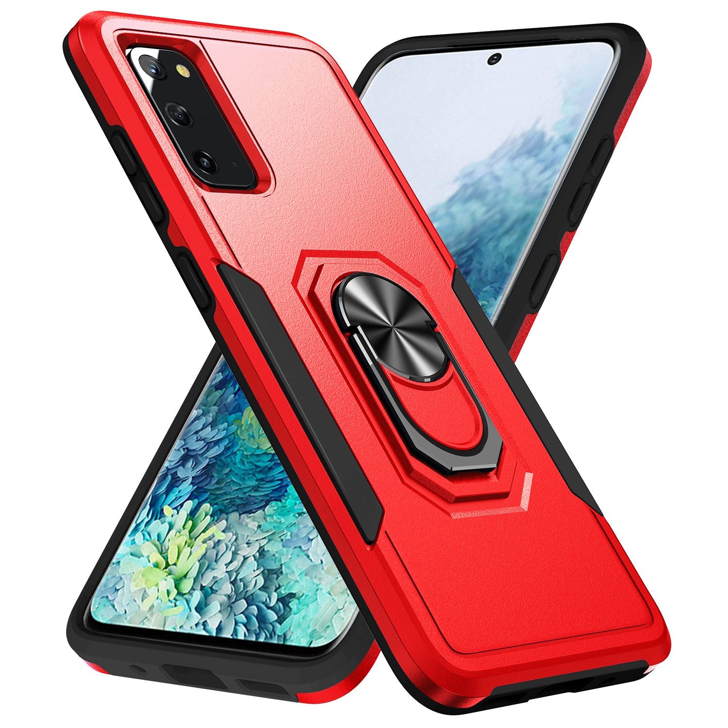 Defender Series Cellphone Case for Samsung Galaxy S20 4G/5G, Collision Resistant PC + TPU Combo Phone Cover with Rotary Ring Kickstand - Red/Black