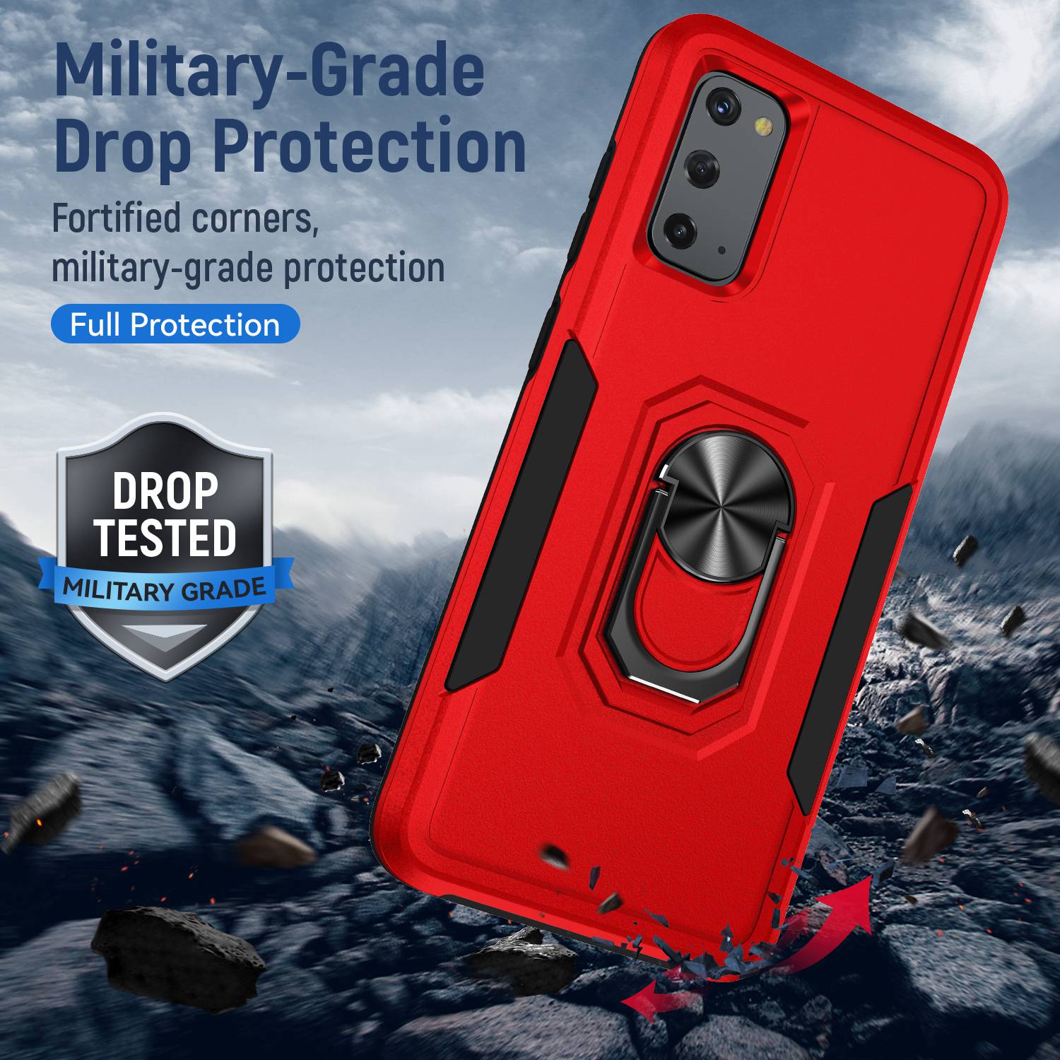 Defender Series Cellphone Case for Samsung Galaxy S20 4G/5G, Collision Resistant PC + TPU Combo Phone Cover with Rotary Ring Kickstand - Red/Black