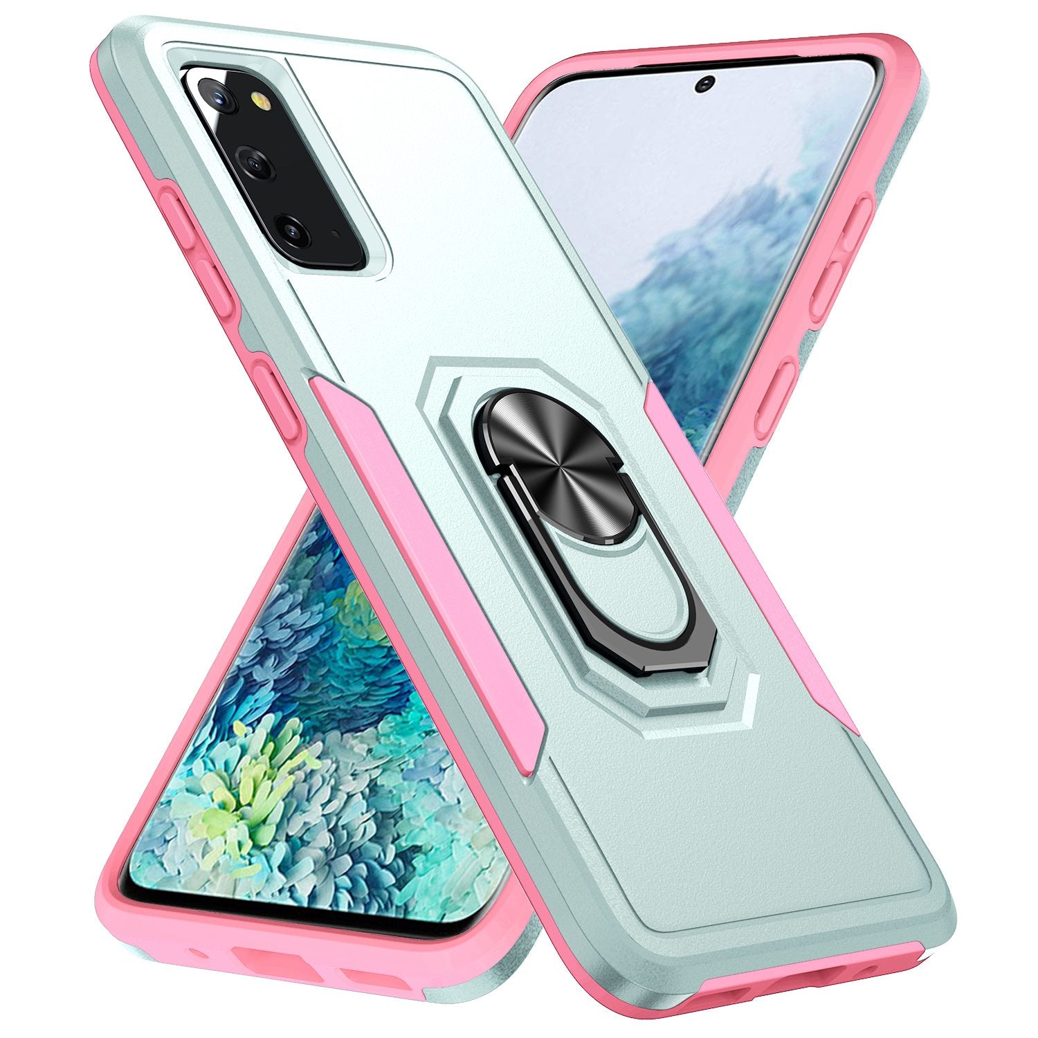 Defender Series Cellphone Case for Samsung Galaxy S20 4G/5G, Collision Resistant PC + TPU Combo Phone Cover with Rotary Ring Kickstand - Green/Pink