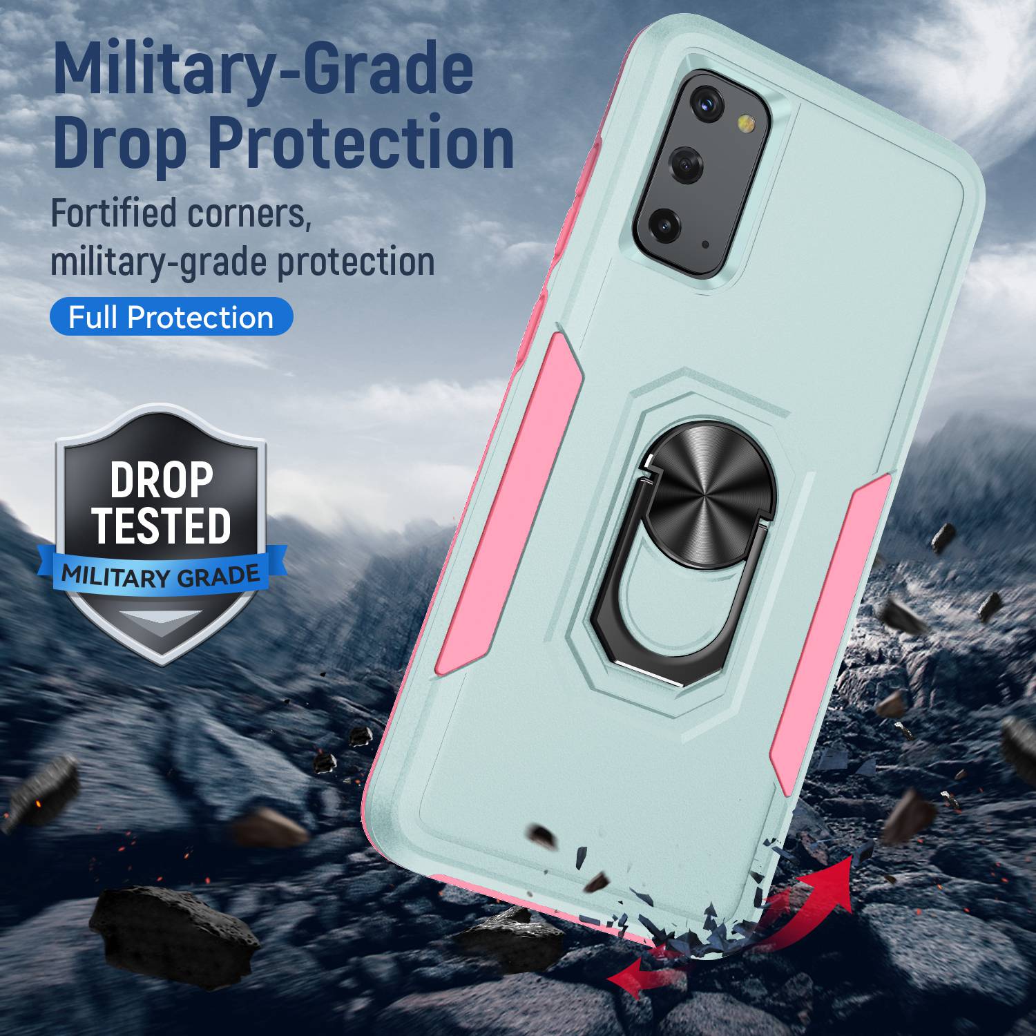 Defender Series Cellphone Case for Samsung Galaxy S20 4G/5G, Collision Resistant PC + TPU Combo Phone Cover with Rotary Ring Kickstand - Green/Pink