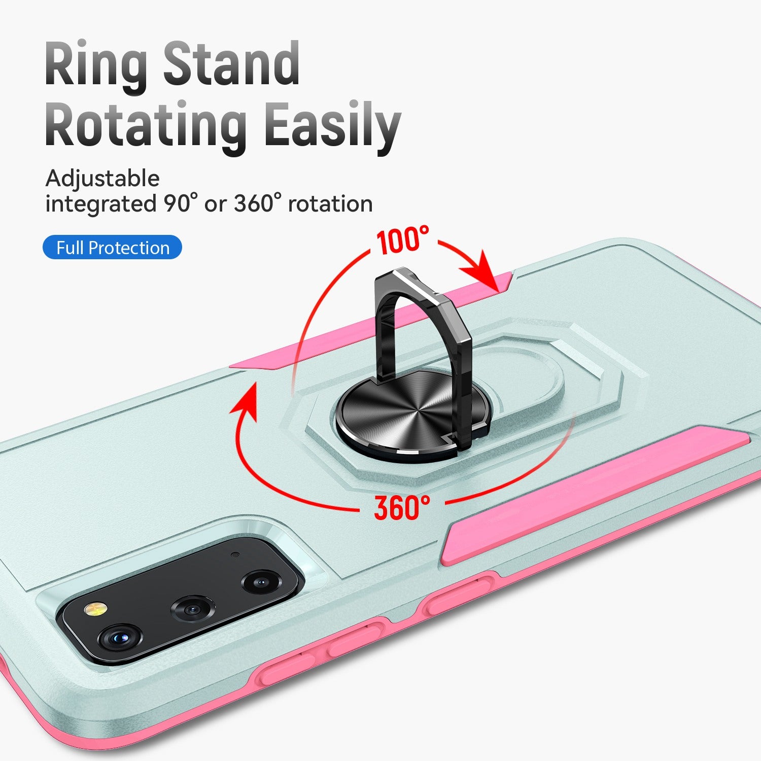 Defender Series Cellphone Case for Samsung Galaxy S20 4G/5G, Collision Resistant PC + TPU Combo Phone Cover with Rotary Ring Kickstand - Green/Pink