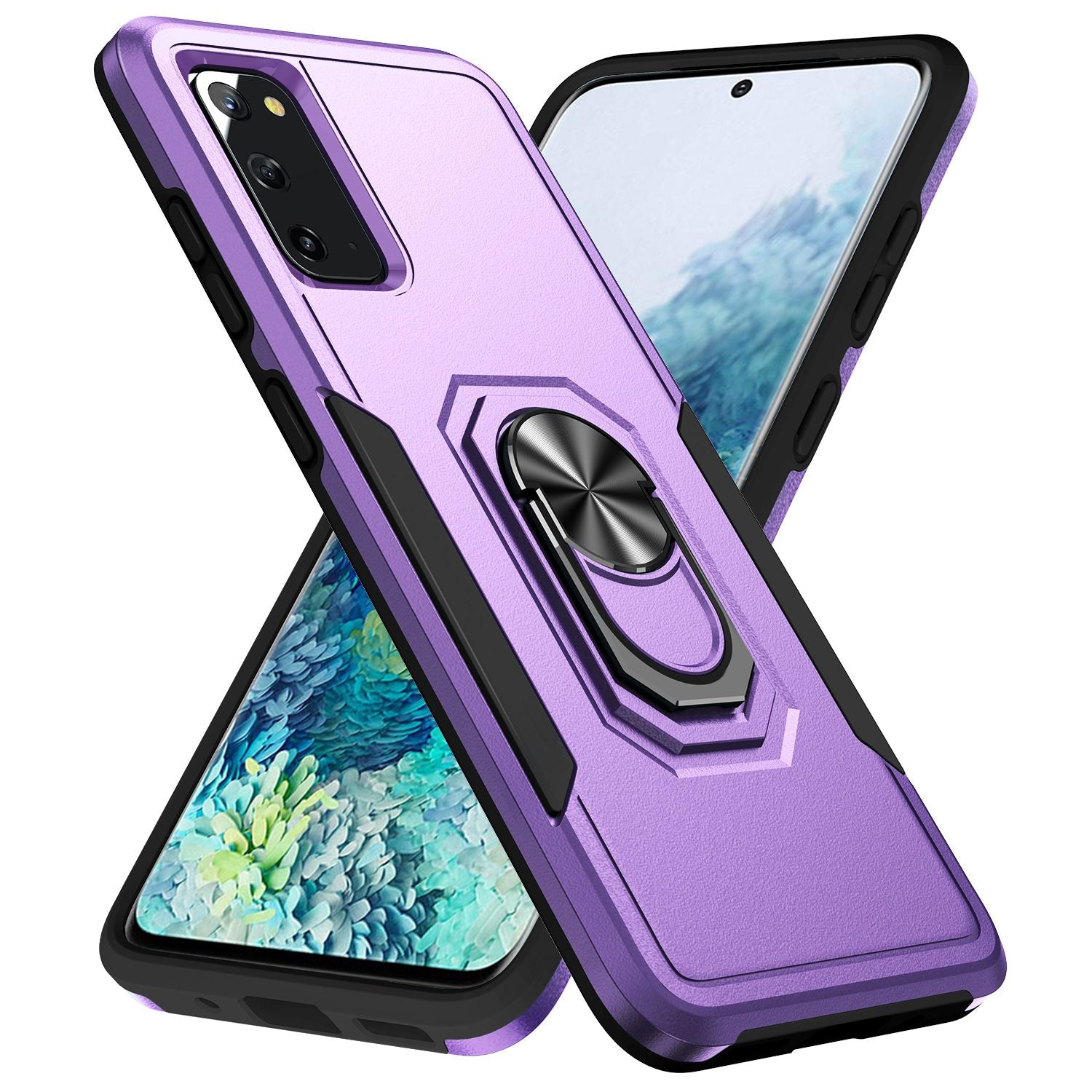 Defender Series Cellphone Case for Samsung Galaxy S20 4G/5G, Collision Resistant PC + TPU Combo Phone Cover with Rotary Ring Kickstand - Purple/Black