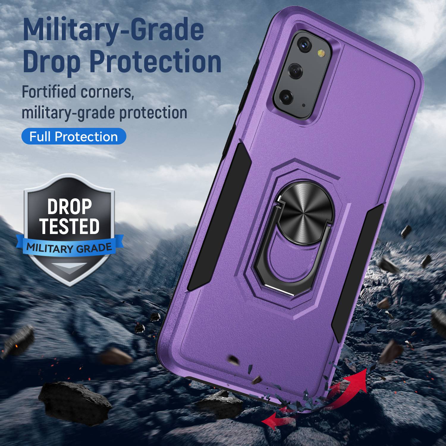 Defender Series Cellphone Case for Samsung Galaxy S20 4G/5G, Collision Resistant PC + TPU Combo Phone Cover with Rotary Ring Kickstand - Purple/Black