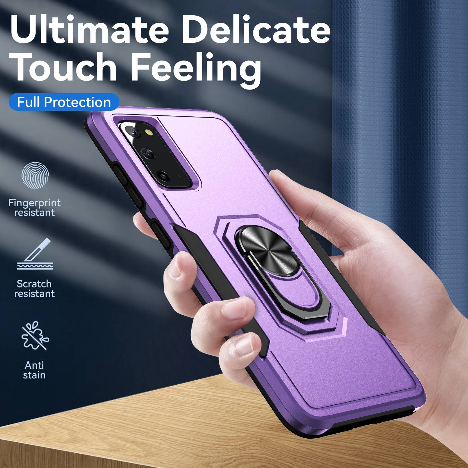 Defender Series Cellphone Case for Samsung Galaxy S20 4G/5G, Collision Resistant PC + TPU Combo Phone Cover with Rotary Ring Kickstand - Purple/Black