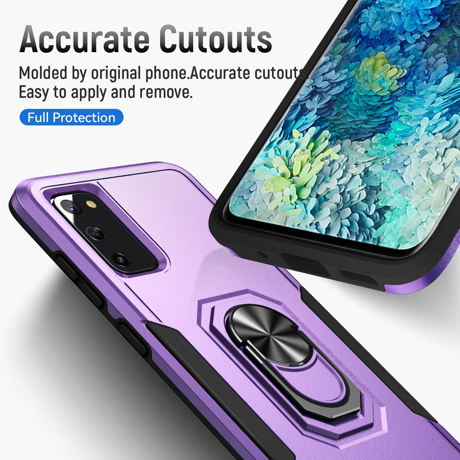 Defender Series Cellphone Case for Samsung Galaxy S20 4G/5G, Collision Resistant PC + TPU Combo Phone Cover with Rotary Ring Kickstand - Purple/Black