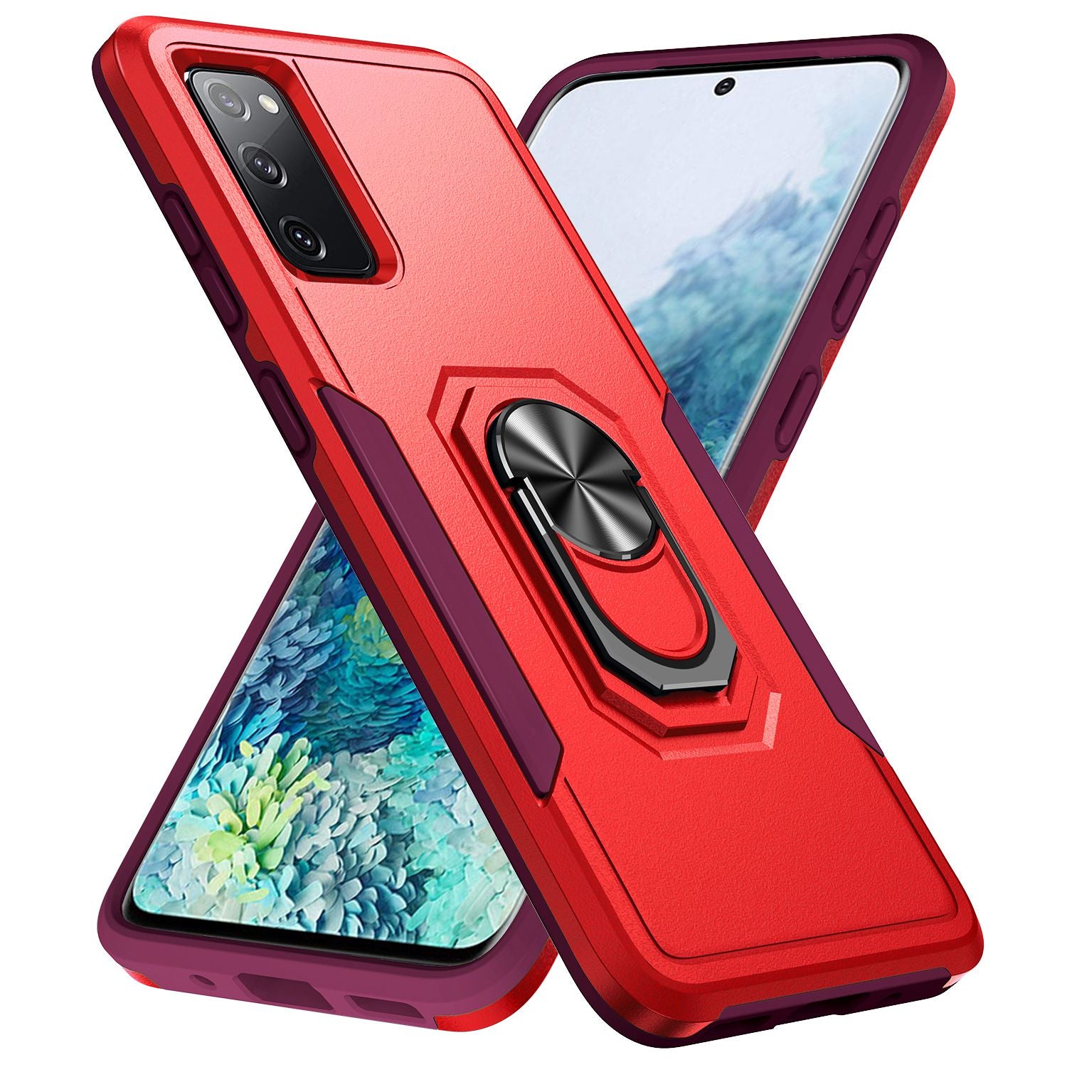 For Samsung Galaxy S20 FE 2022/S20 FE 4G/FE 5G/S20 Lite Defender Series Fingerprint Free PC + TPU Phone Cover Rotary Ring Kickstand Cellphone Case - Red/Rose